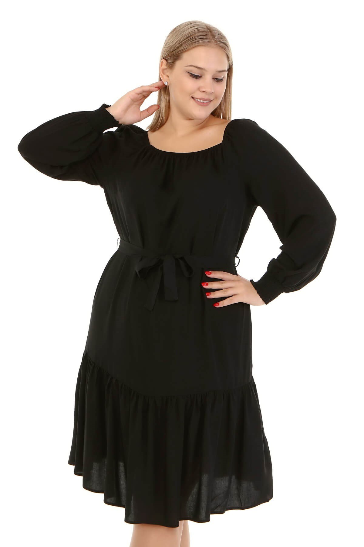 Myline-Kare Yaka Fırfır Detaylı Elbise -Büyük Beden Günlük Elbiseler-66901