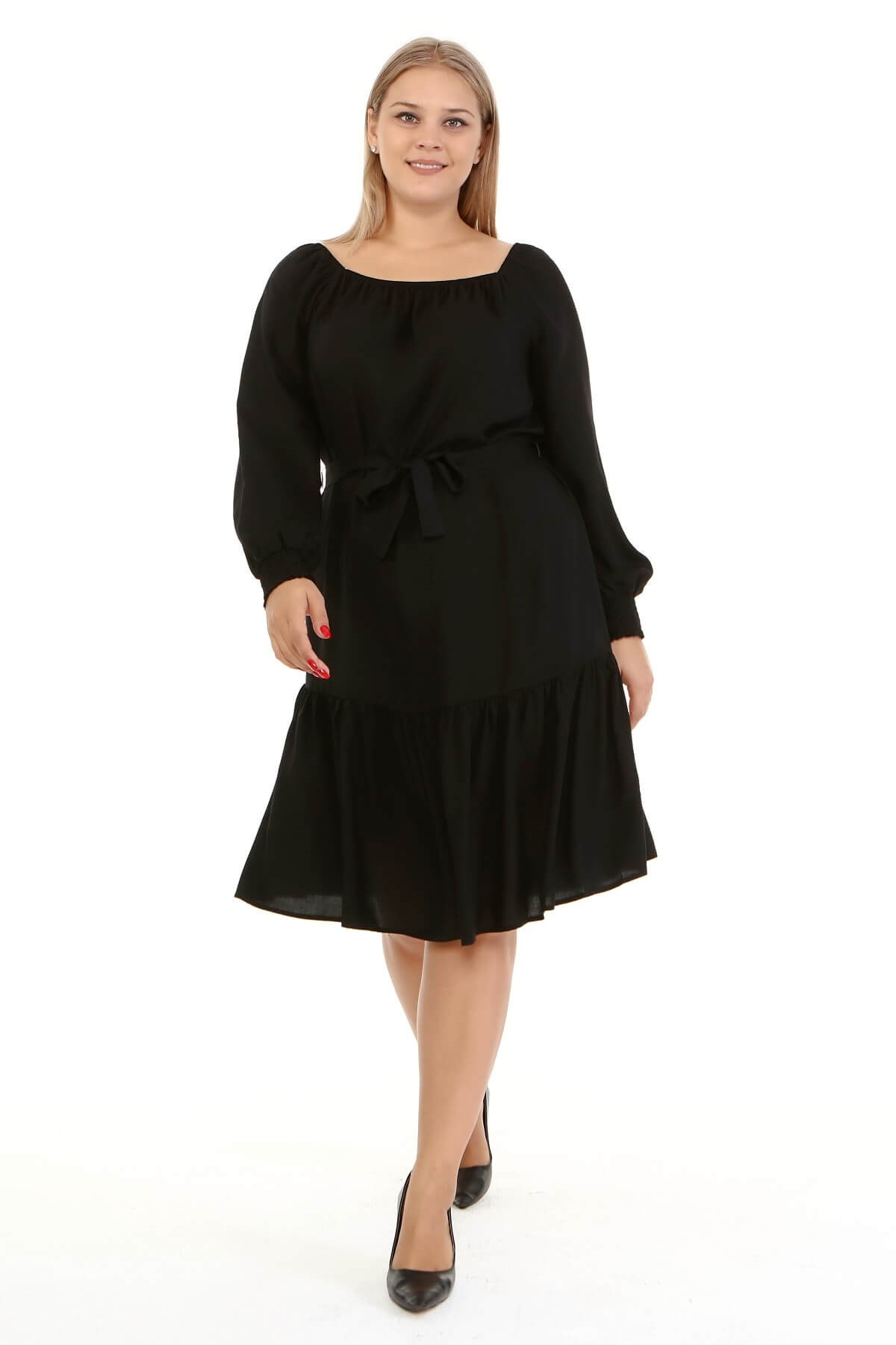 Myline-Kare Yaka Fırfır Detaylı Elbise -Büyük Beden Günlük Elbiseler-66901