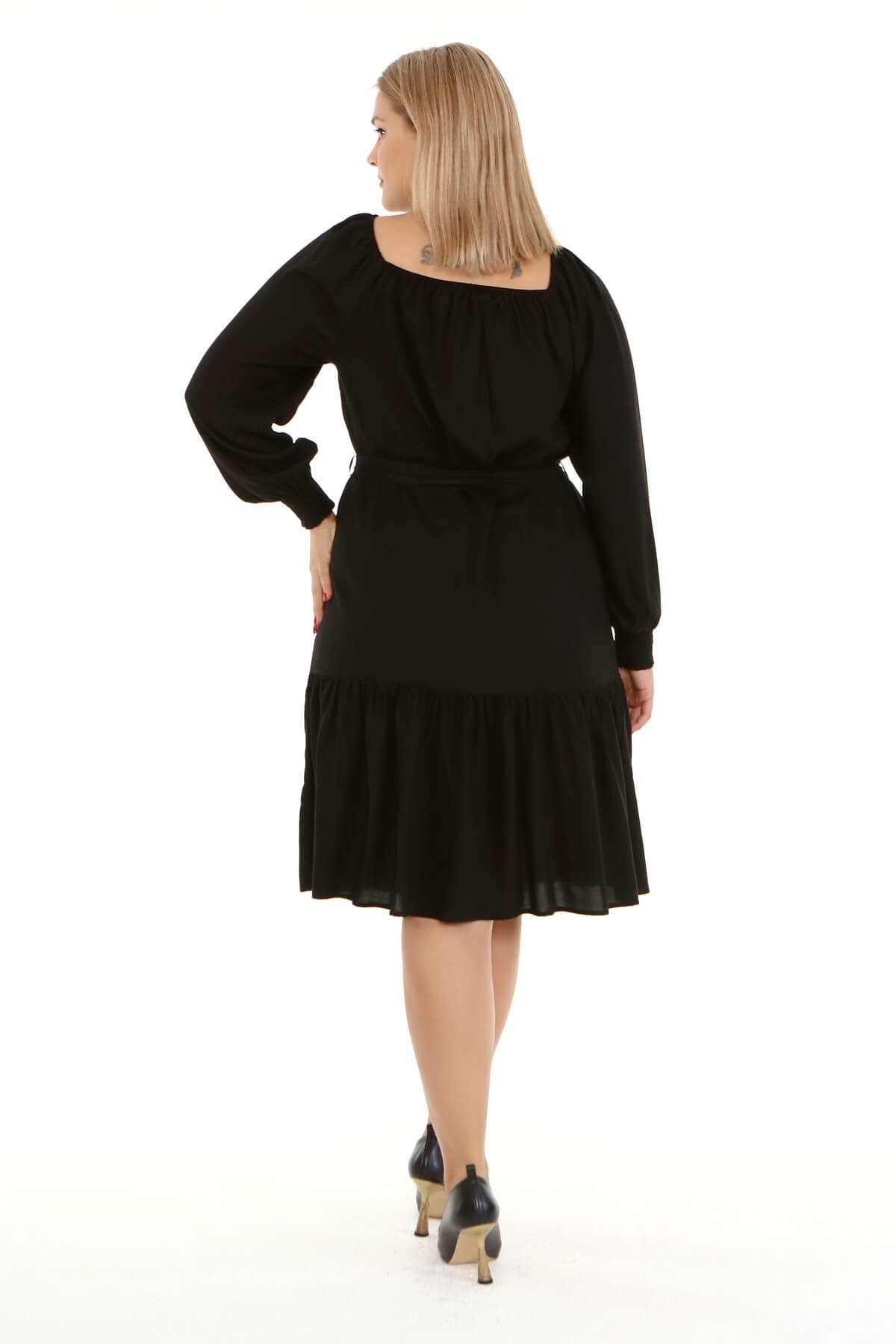 Myline-Kare Yaka Fırfır Detaylı Elbise -Büyük Beden Günlük Elbiseler-66901