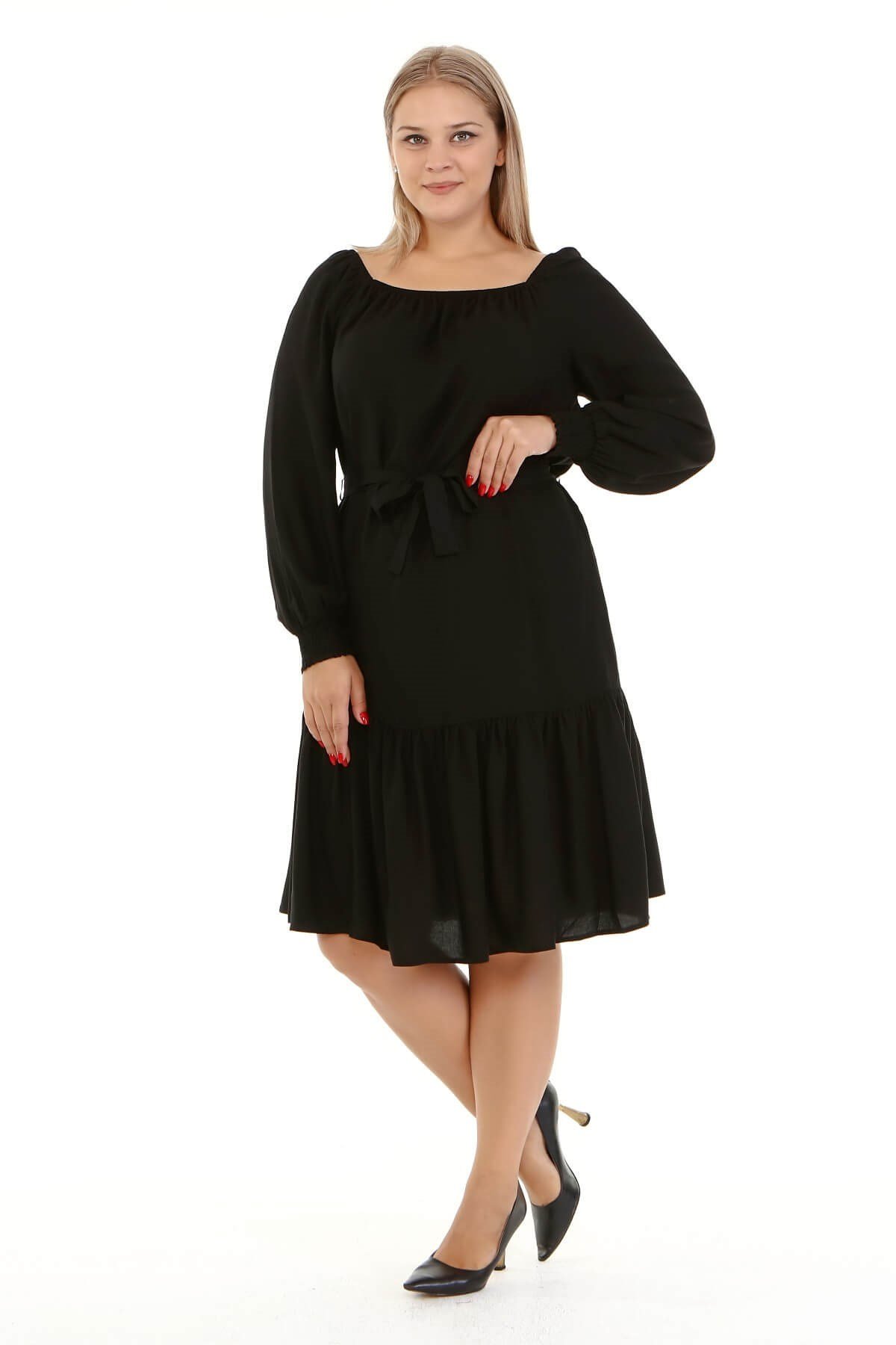 Myline-Kare Yaka Fırfır Detaylı Elbise -Büyük Beden Günlük Elbiseler-66901