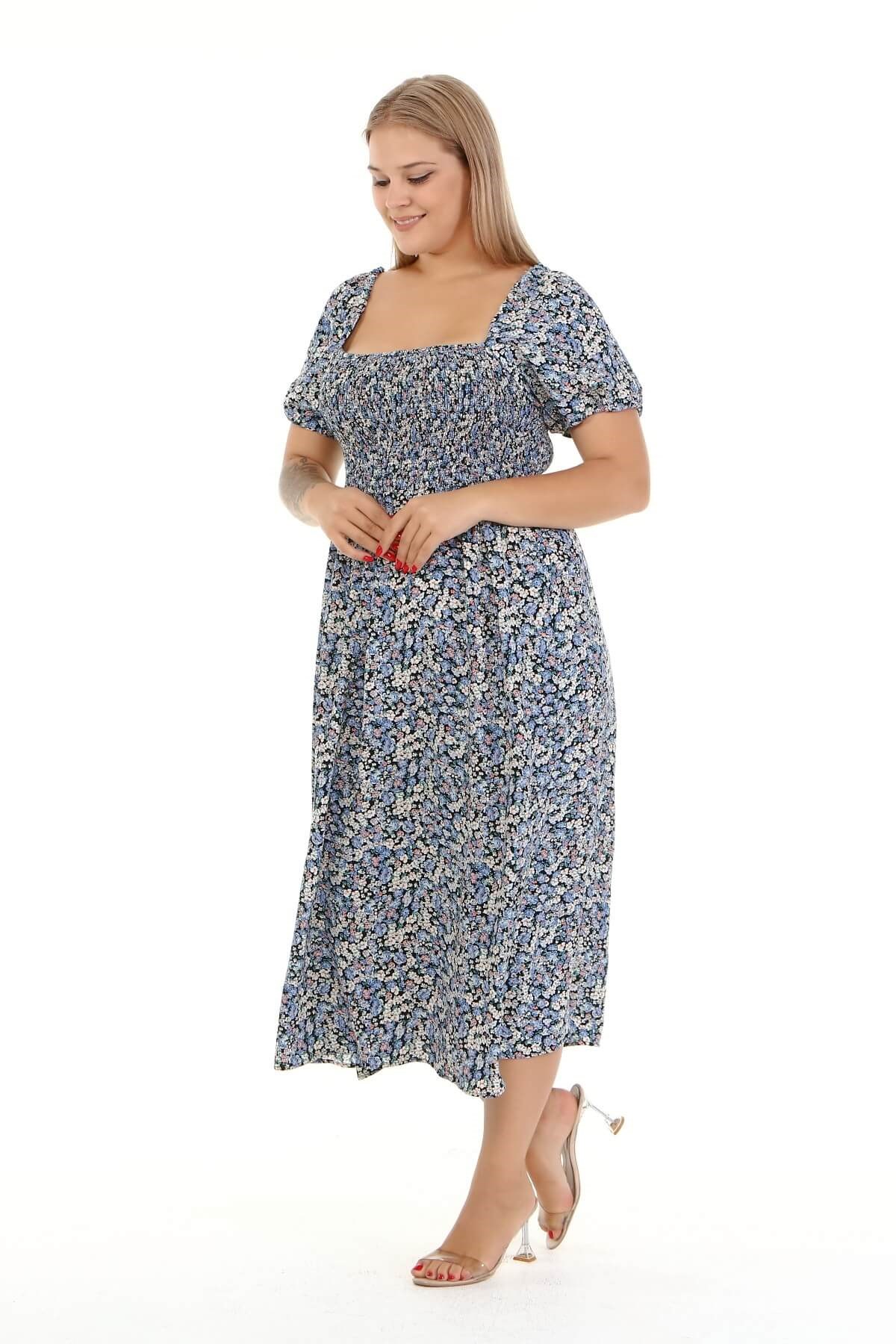 Myline-Kare Yaka Gipe Detaylı Elbise -Büyük Beden Günlük Elbiseler-77130