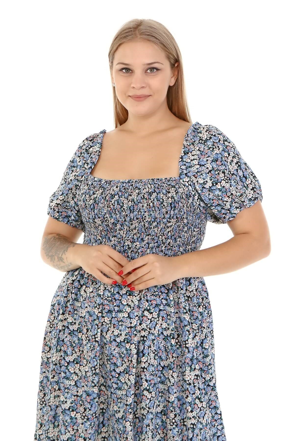 Myline-Kare Yaka Gipe Detaylı Elbise -Büyük Beden Günlük Elbiseler-77130