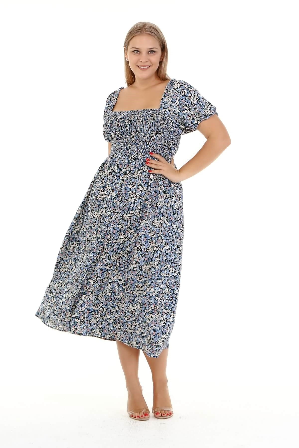 Myline-Kare Yaka Gipe Detaylı Elbise -Büyük Beden Günlük Elbiseler-77130