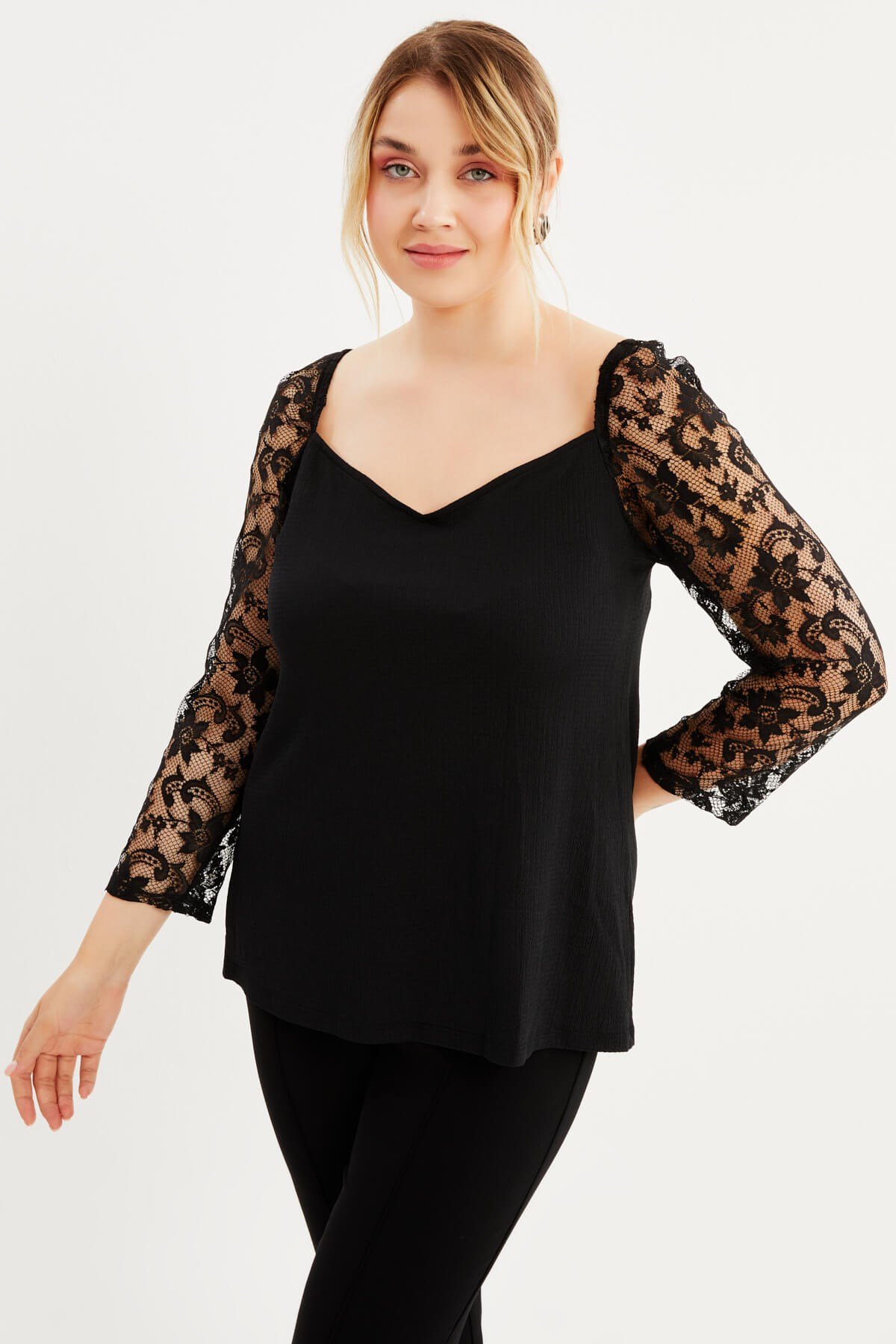 Myline-Kare Yaka Kolları Dantelli Bluz-Büyük Beden Bluz-77828