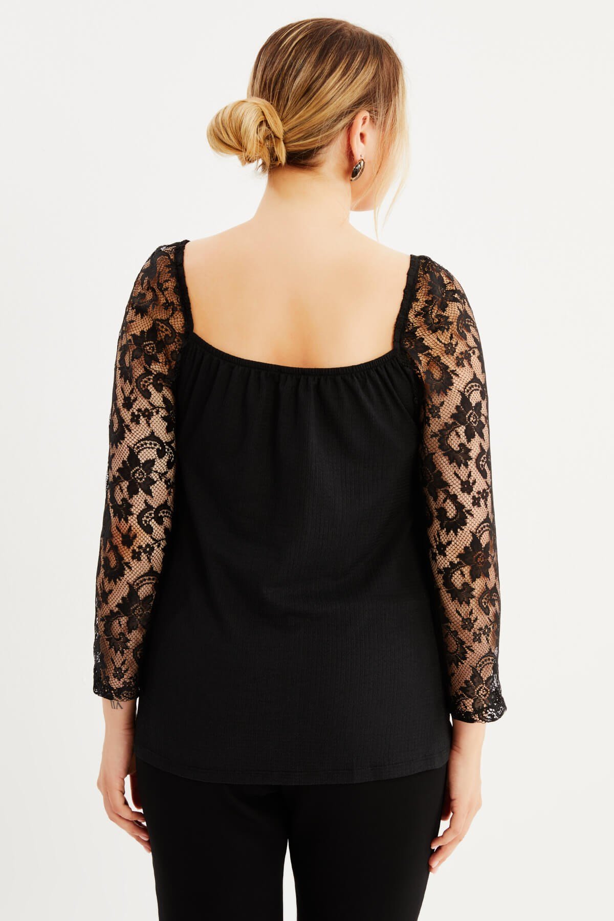 Myline-Kare Yaka Kolları Dantelli Bluz-Büyük Beden Bluz-77828