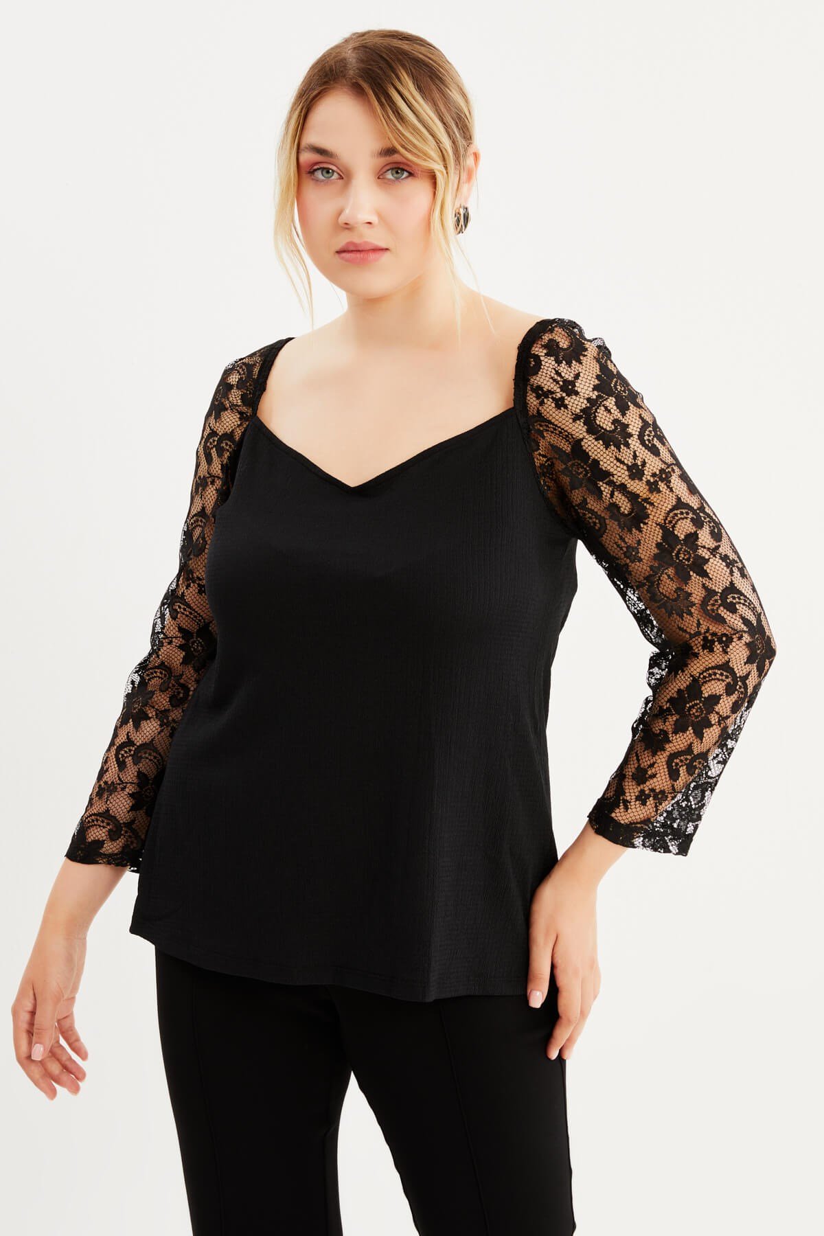 Myline-Kare Yaka Kolları Dantelli Bluz-Büyük Beden Bluz-77828