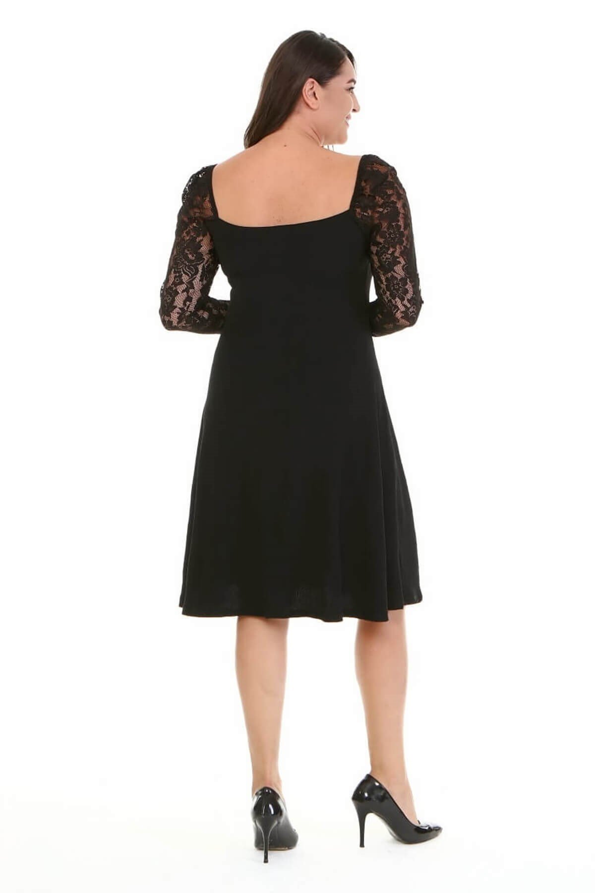 Myline-Kare Yaka Kolları Dantelli Elbise-Büyük Beden Abiye Elbise-77177