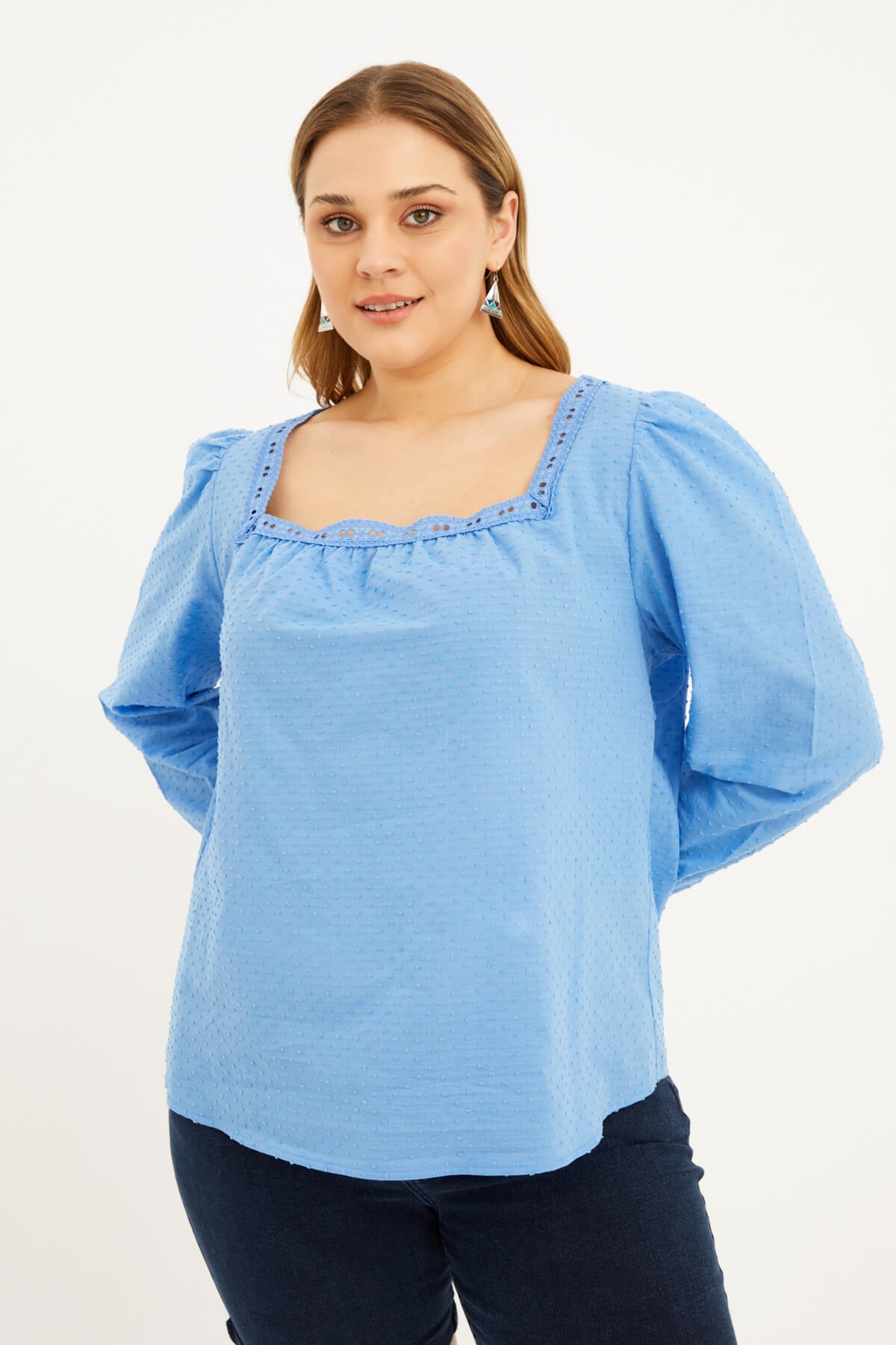 Myline-Kare Yaka Nakışlı Bluz-Büyük Beden Bluz-77098