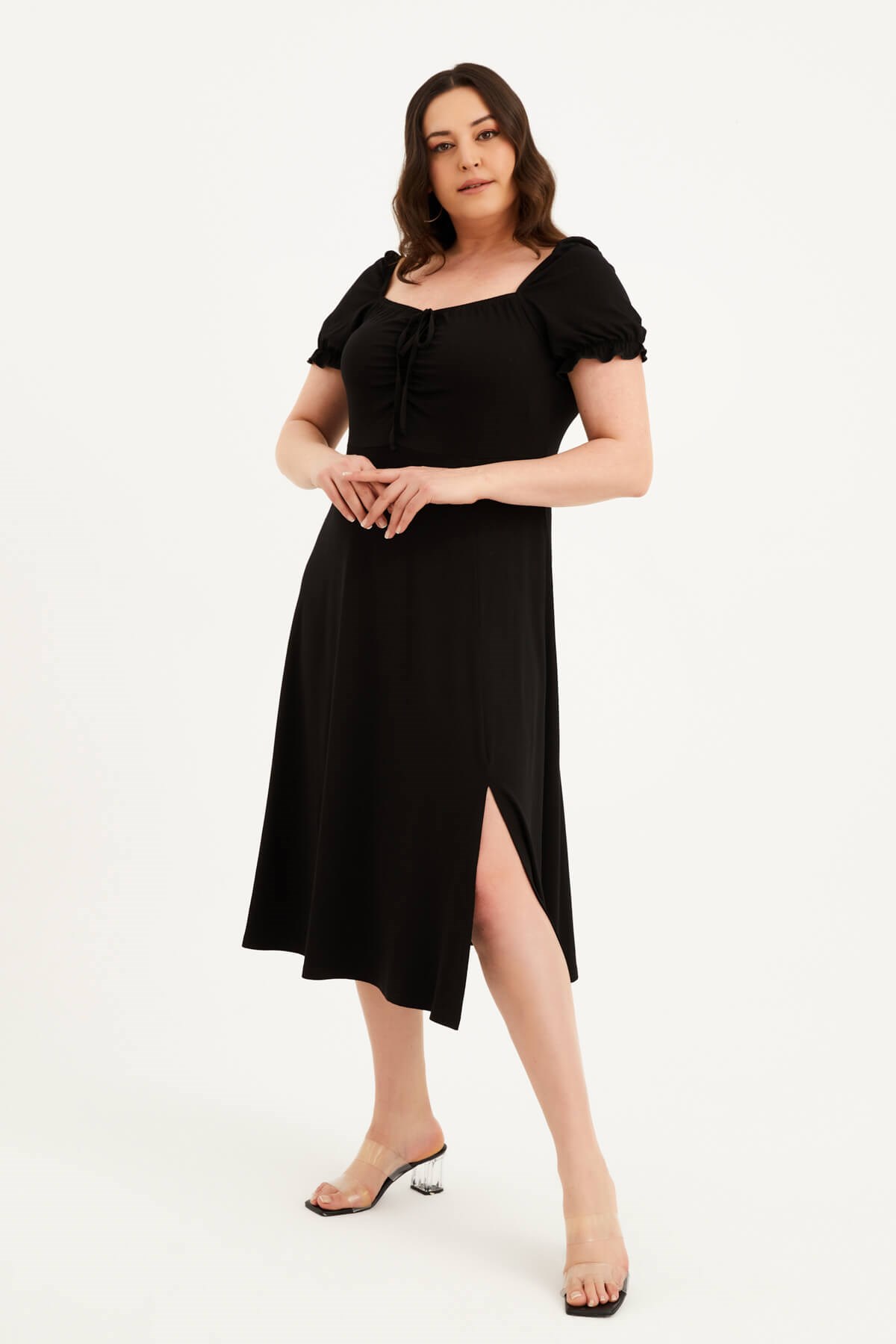 Myline-Kare Yaka Yırtmaçlı Penye Elbise-Büyük Beden Günlük Elbiseler-77571