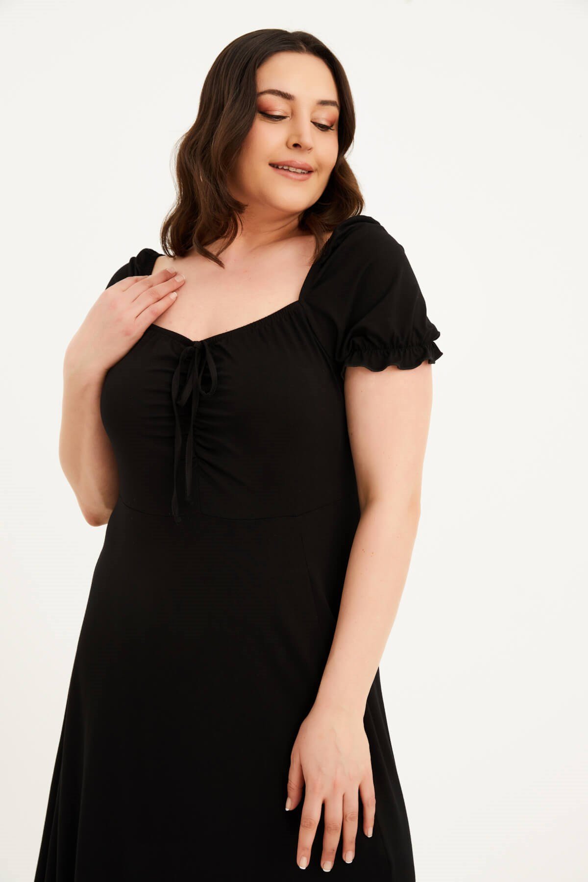 Myline-Kare Yaka Yırtmaçlı Penye Elbise-Büyük Beden Günlük Elbiseler-77571