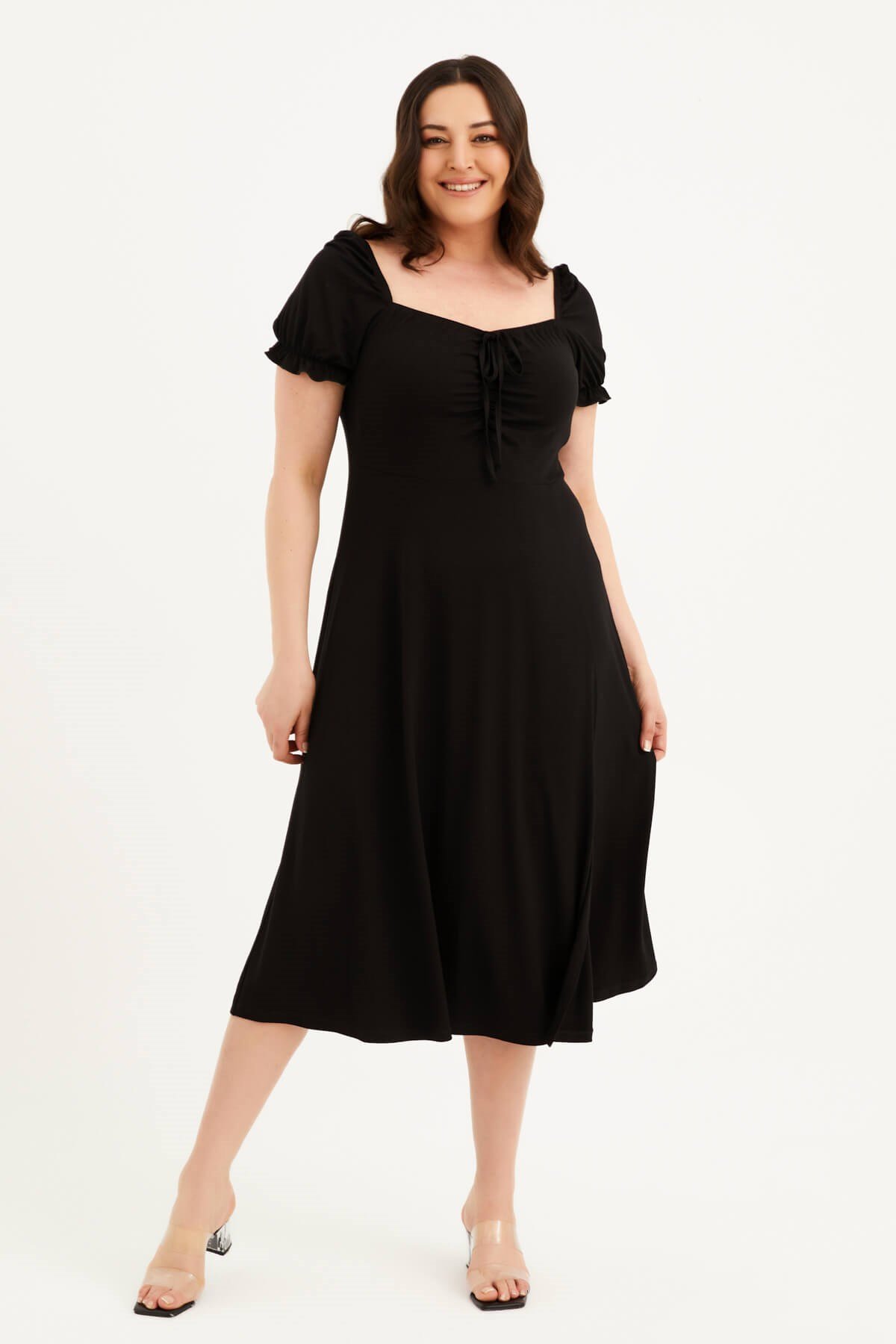 Myline-Kare Yaka Yırtmaçlı Penye Elbise-Büyük Beden Günlük Elbiseler-77571