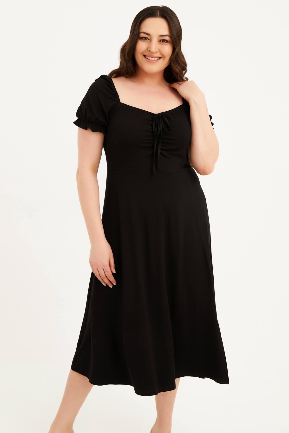 Myline-Kare Yaka Yırtmaçlı Penye Elbise-Büyük Beden Günlük Elbiseler-77571