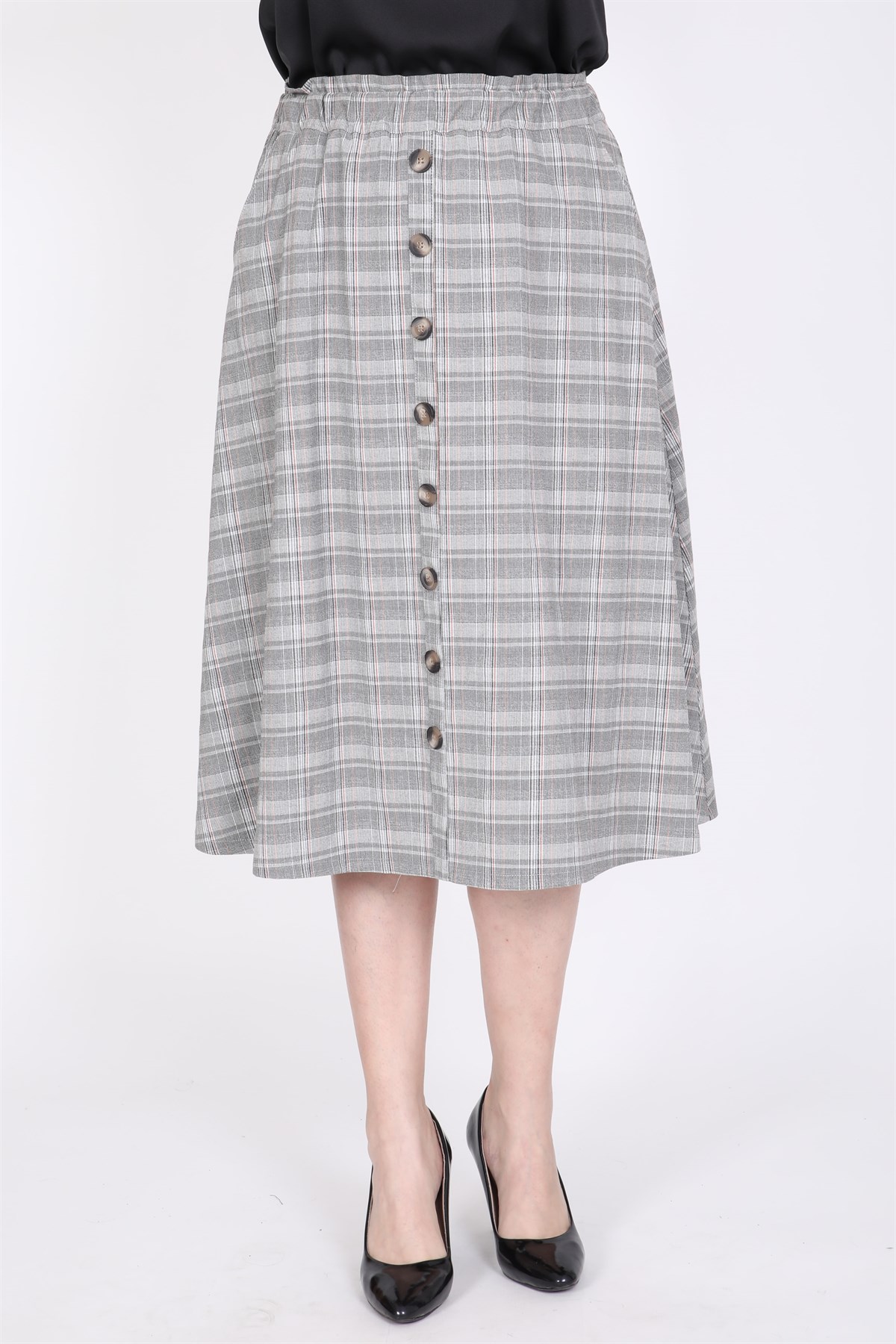 Myline-Kareli Beli Lastikli Etek-Büyük Beden Etek-35346