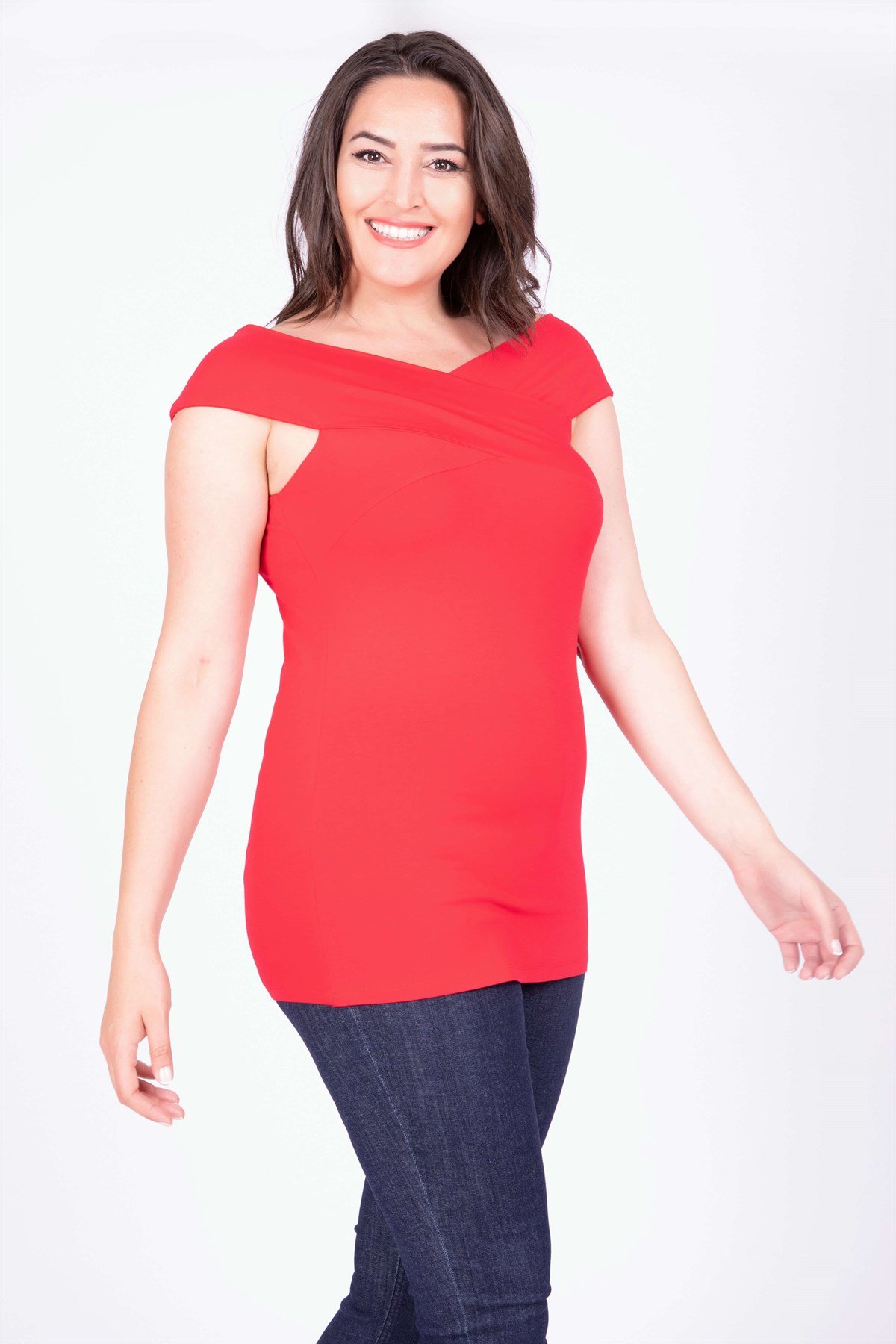 Myline-Karmen V Yaka Kolsuz Bluz-Büyük Beden Bluz-34714