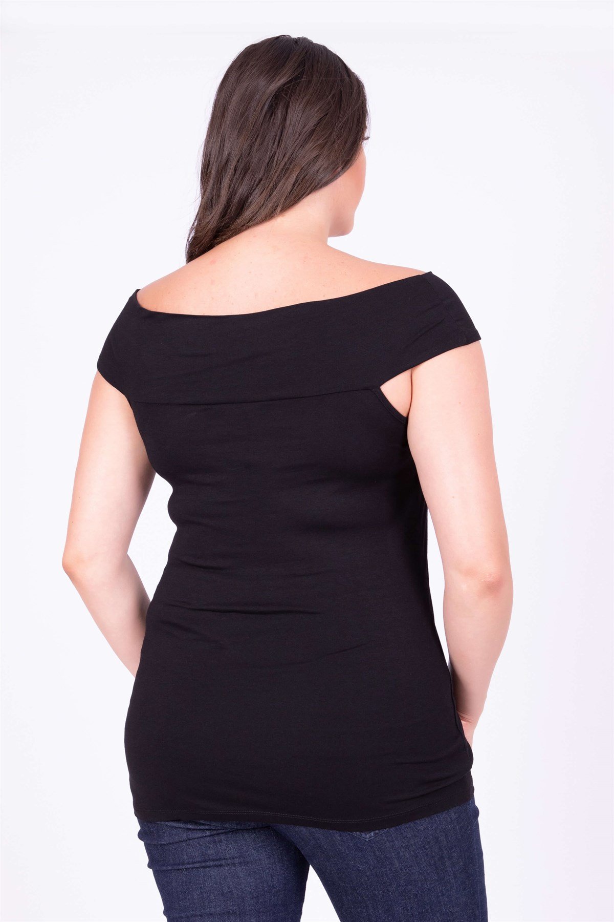 Myline-Karmen V Yaka Kolsuz Bluz Siyah-Büyük Beden Bluz-34715