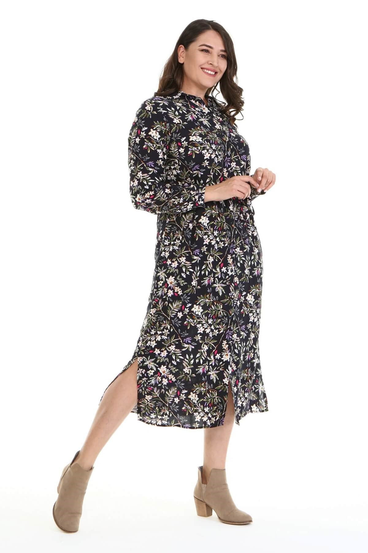 Myline-Kemerli Gömlek Elbise-Büyük Beden Günlük Elbiseler-67010