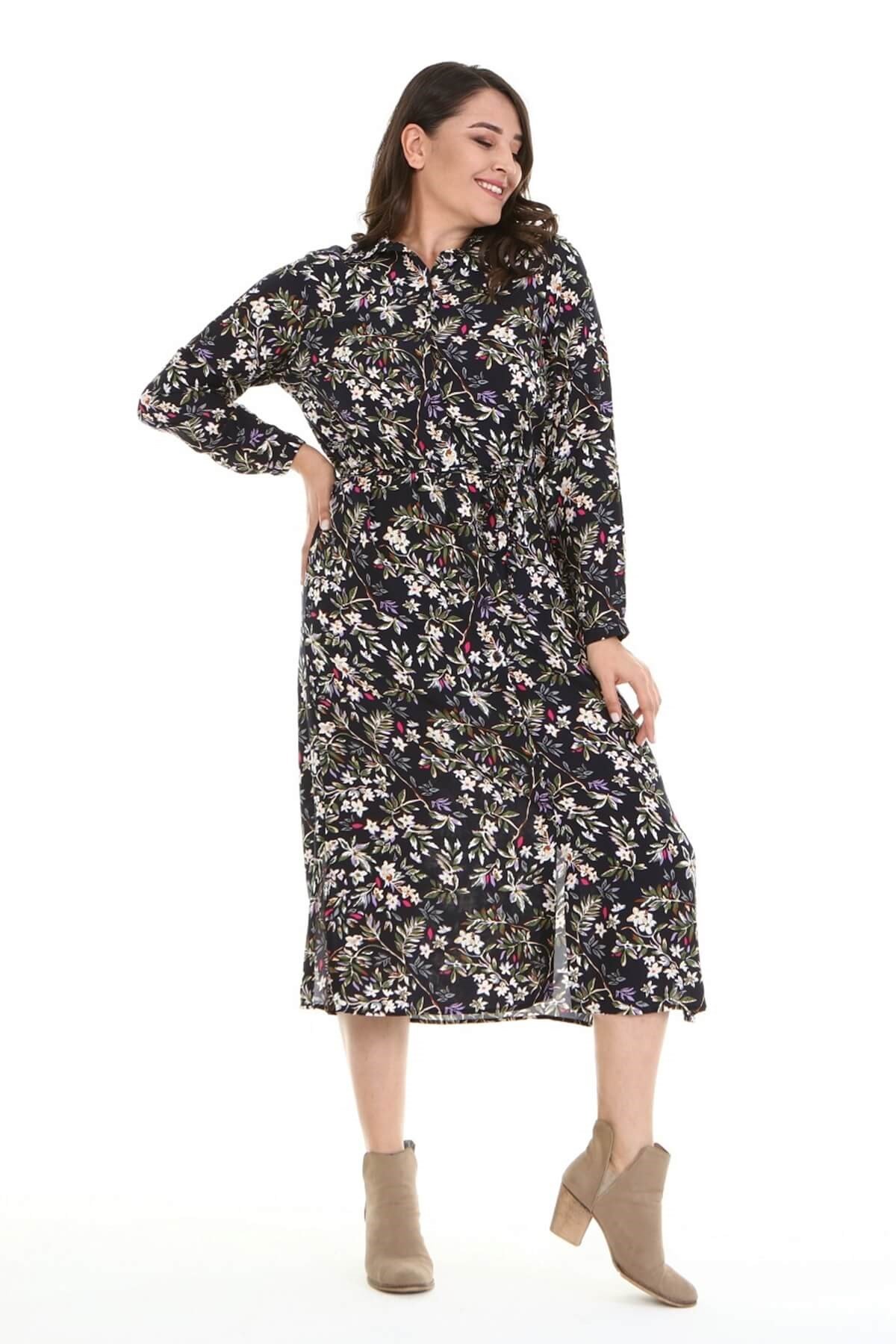 Myline-Kemerli Gömlek Elbise-Büyük Beden Günlük Elbiseler-67010