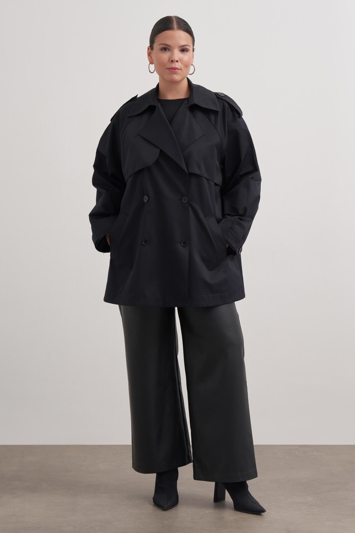 Myline-Kemerli Kısa Trençkot-Büyük Beden Ceket-149599