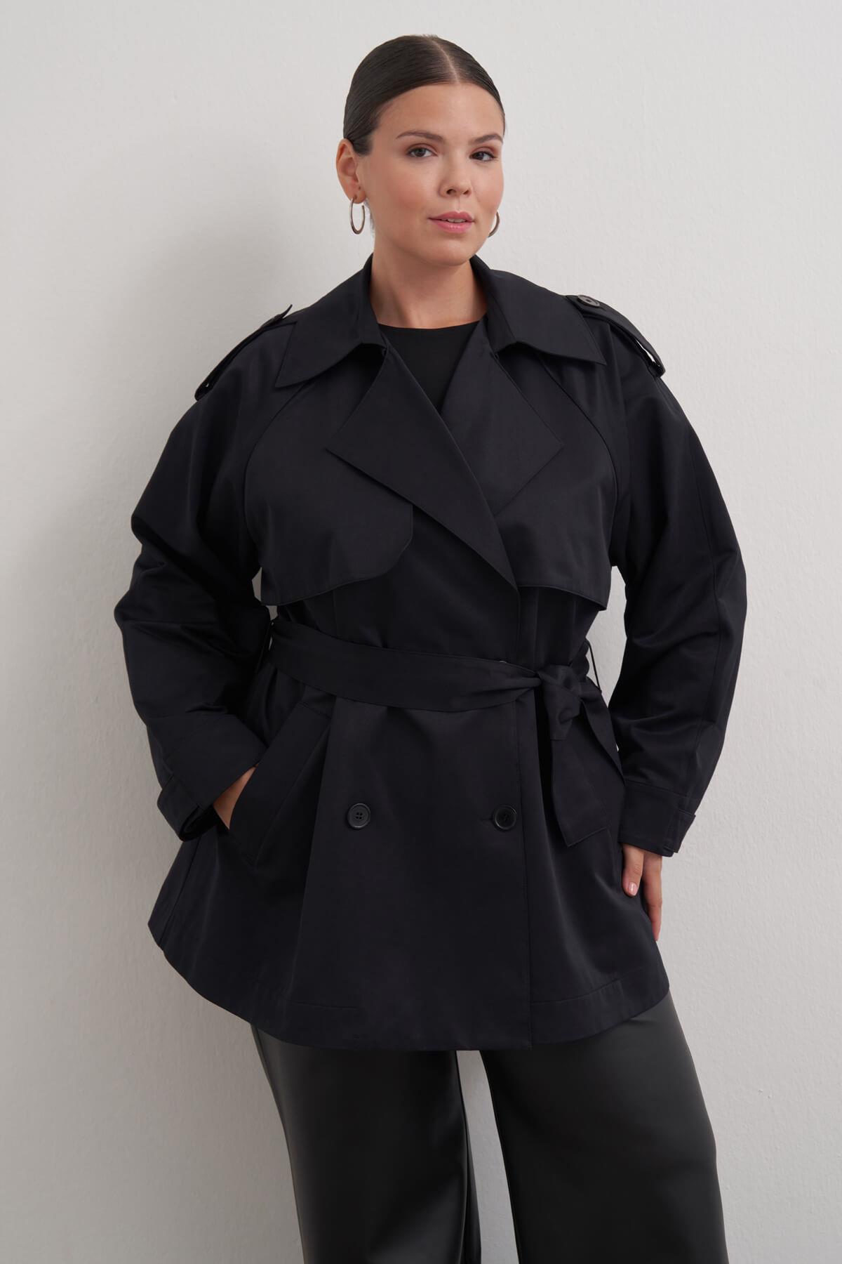 Myline-Kemerli Kısa Trençkot-Büyük Beden Ceket-149599