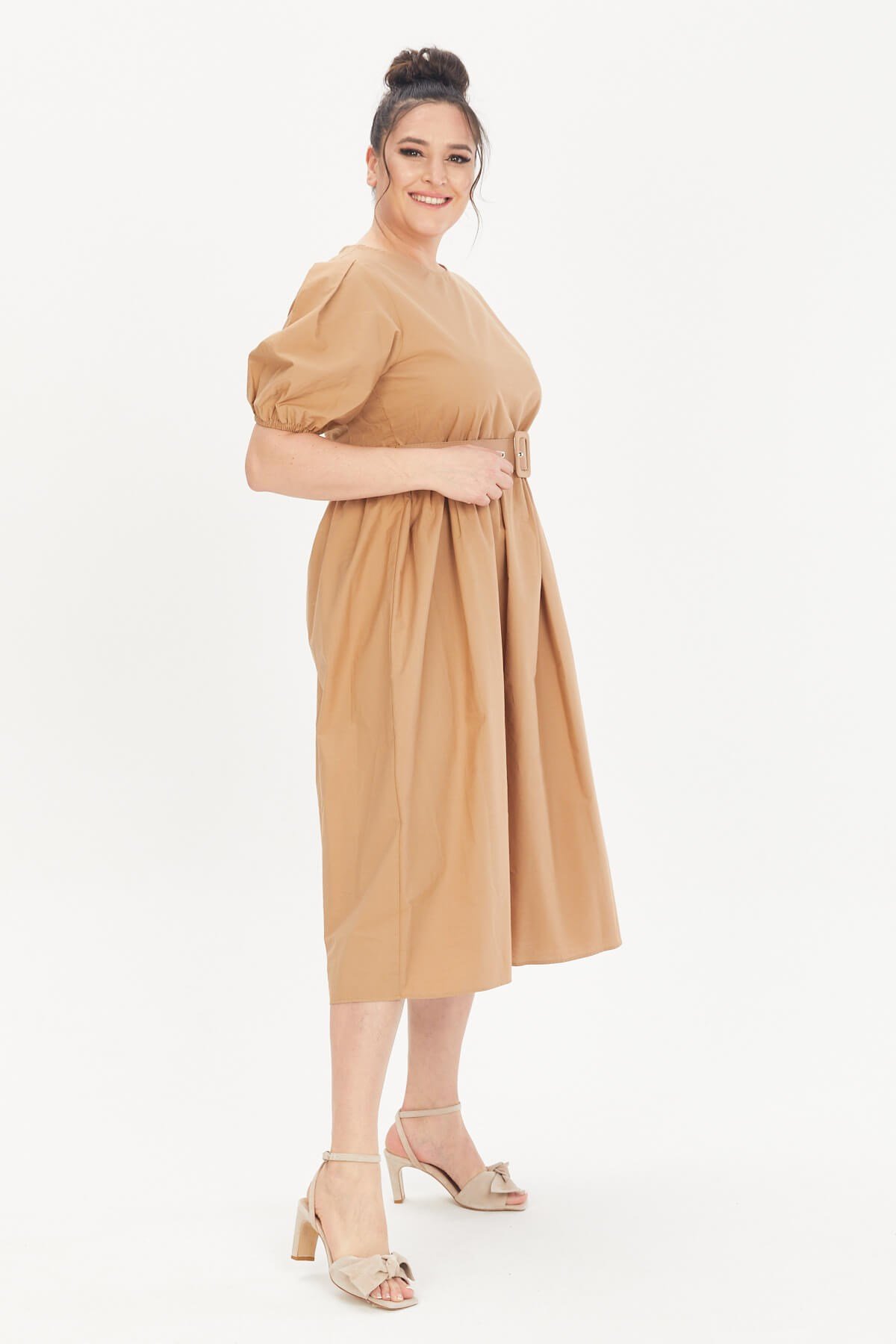 Myline-Kemerli Poplin Elbise-Büyük Beden Günlük Elbiseler-66622