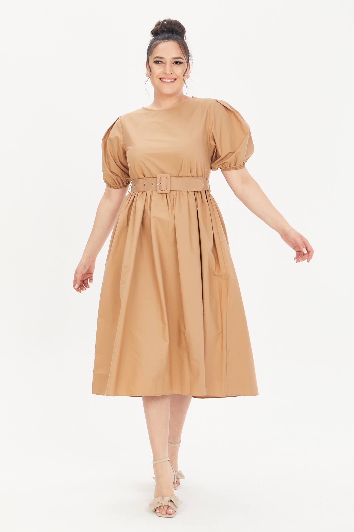 Myline-Kemerli Poplin Elbise-Büyük Beden Günlük Elbiseler-66622