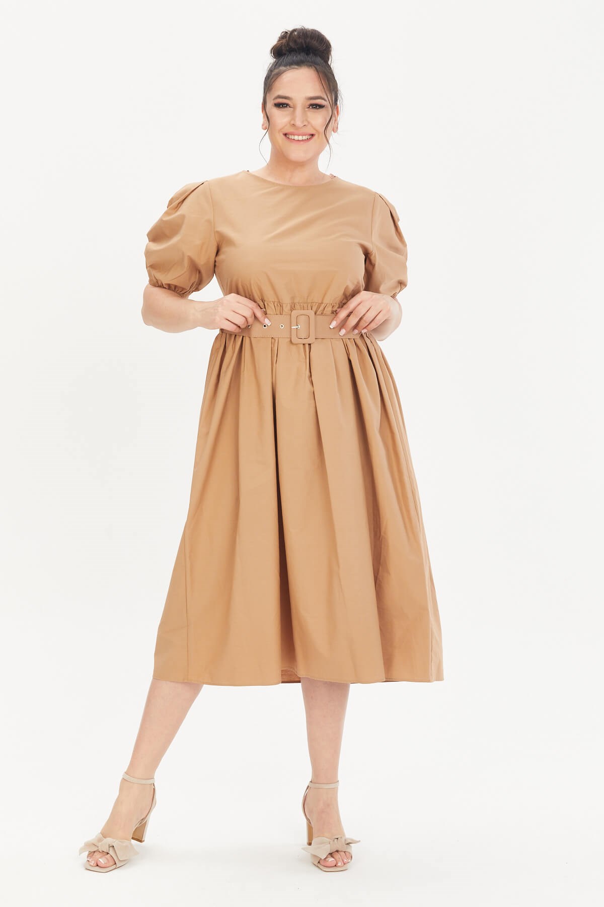 Myline-Kemerli Poplin Elbise-Büyük Beden Günlük Elbiseler-66622