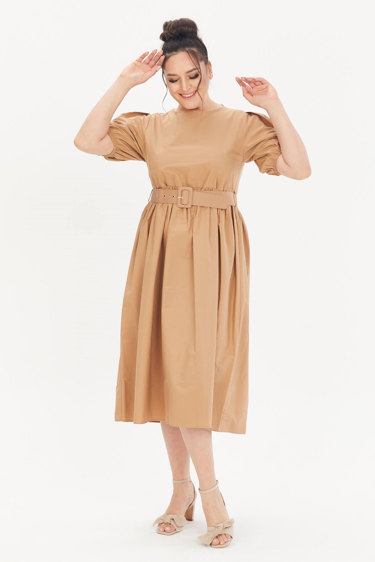 Myline-Kemerli Poplin Elbise-Büyük Beden Günlük Elbiseler-66622