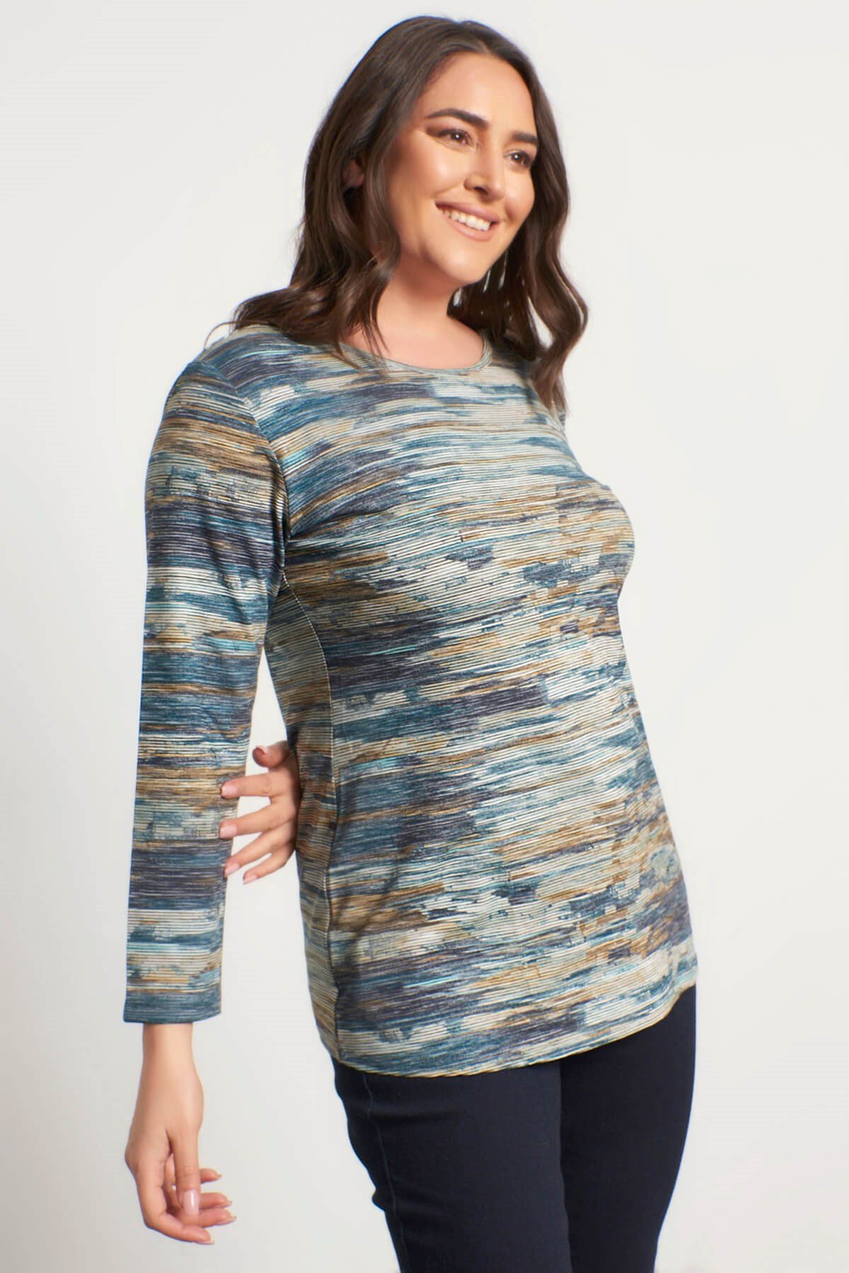 Myline-Kendinden Desenli Örme Tişört-Büyük Beden Tişört-34121