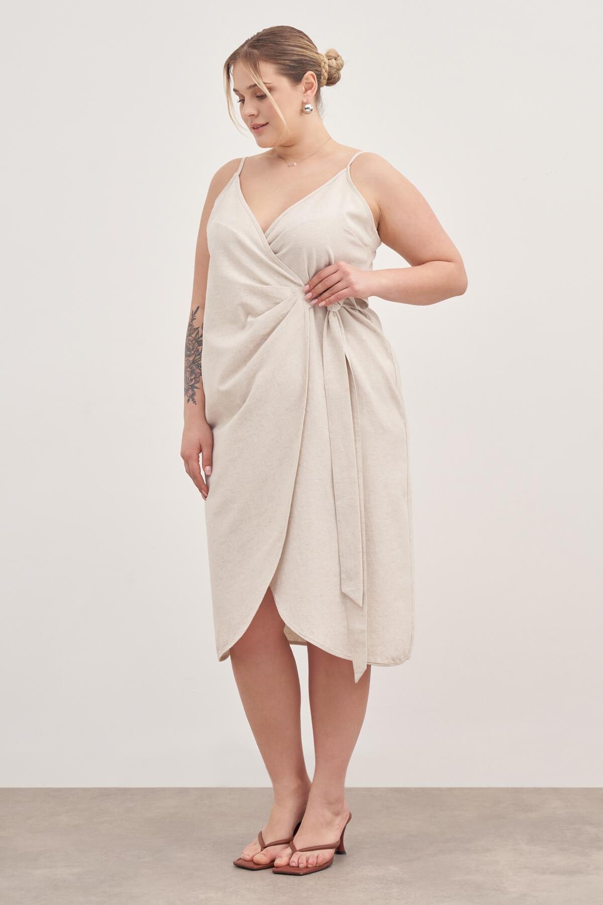 Myline-Keten Anvelop Elbise-Büyük Beden Günlük Elbiseler-129009