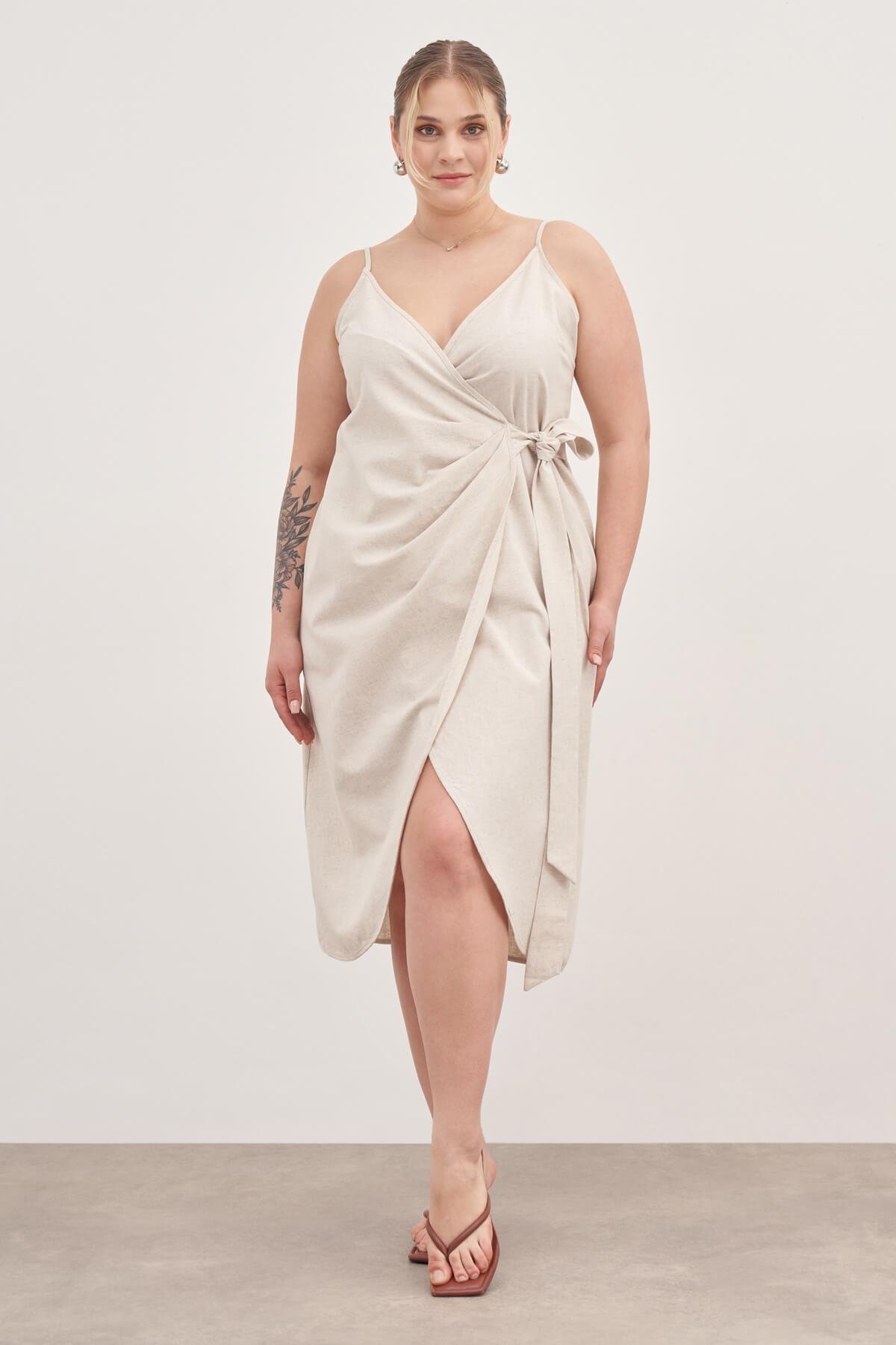 Myline-Keten Anvelop Elbise-Büyük Beden Günlük Elbiseler-129009