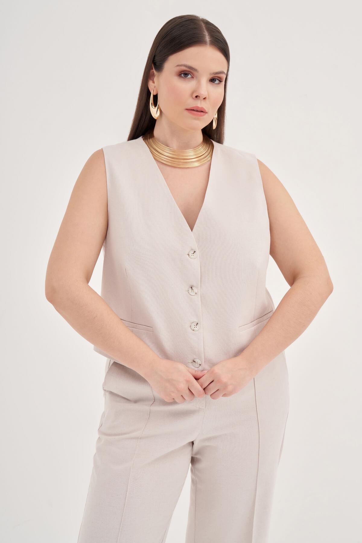 Myline-Keten Astarlı Klasik Yelek-Büyük Beden Hırka-129038