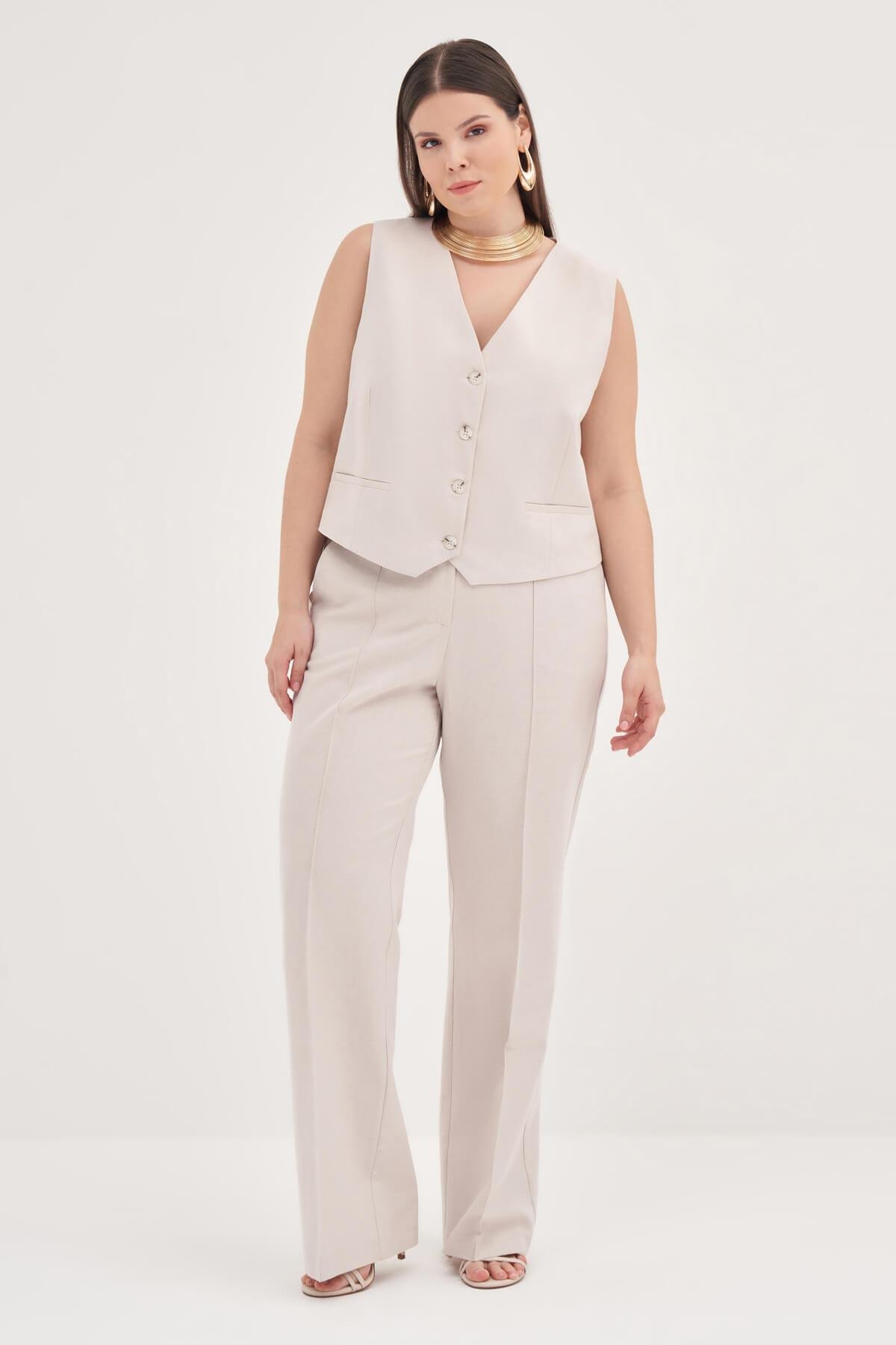 Myline-Keten Astarlı Klasik Yelek-Büyük Beden Hırka-129038