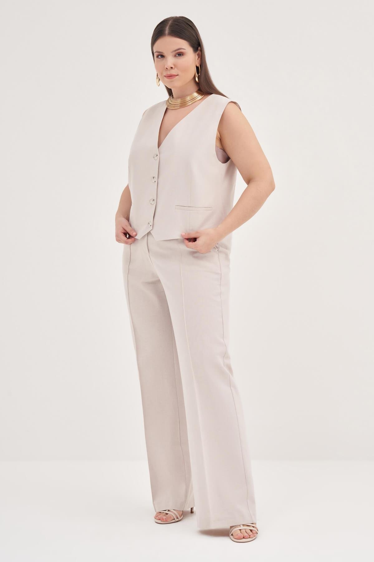 Myline-Keten Astarlı Klasik Yelek-Büyük Beden Hırka-129038