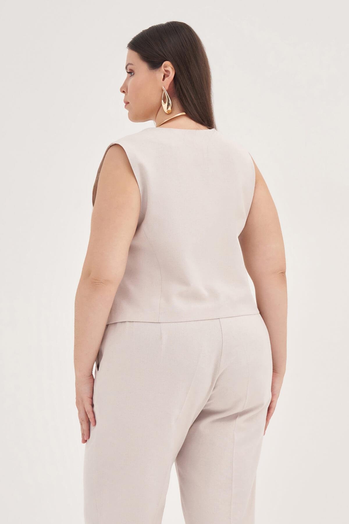 Myline-Keten Astarlı Klasik Yelek-Büyük Beden Hırka-129038