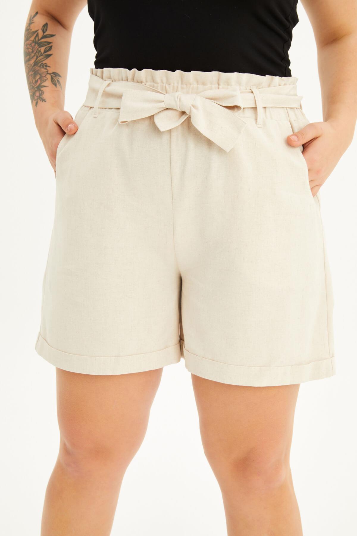 Myline-Keten Beli Lastikli ve Kuşaklı Şort-Büyük Beden Şort-118477