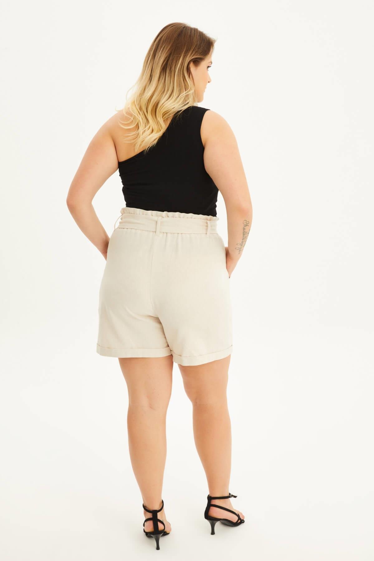 Myline-Keten Beli Lastikli ve Kuşaklı Şort-Büyük Beden Şort-118477