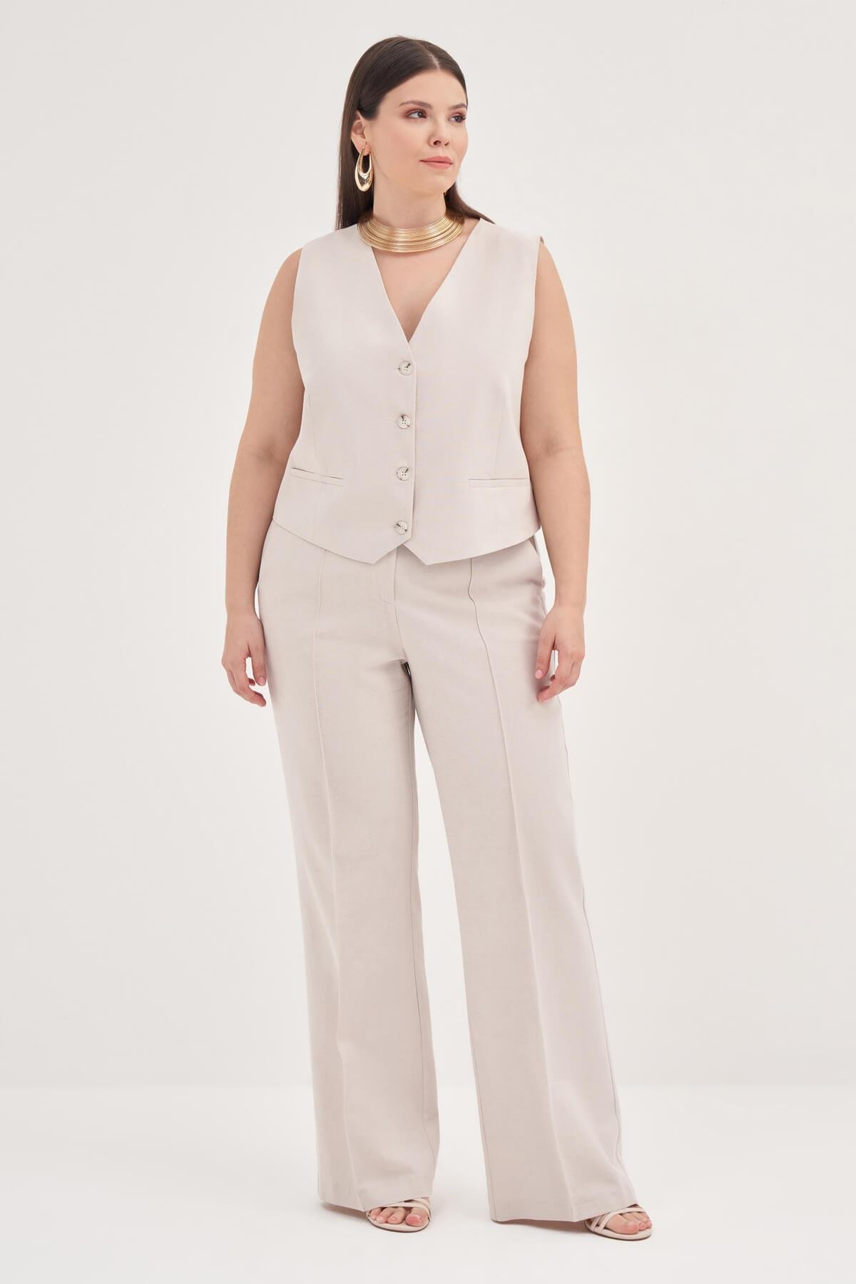 Myline-Keten Düz Kesim Klasik Pantolon-Büyük Beden Pantolon-129039