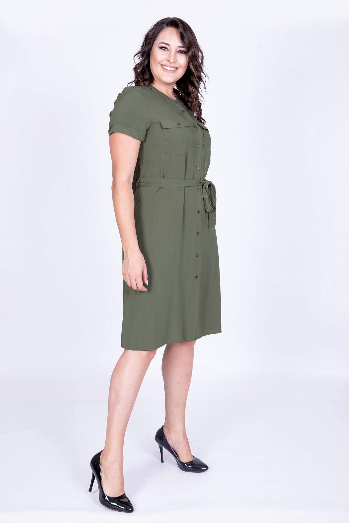 Myline-Kısa Kol Önden Düğmeli Elbise-Büyük Beden Günlük Elbiseler-34943
