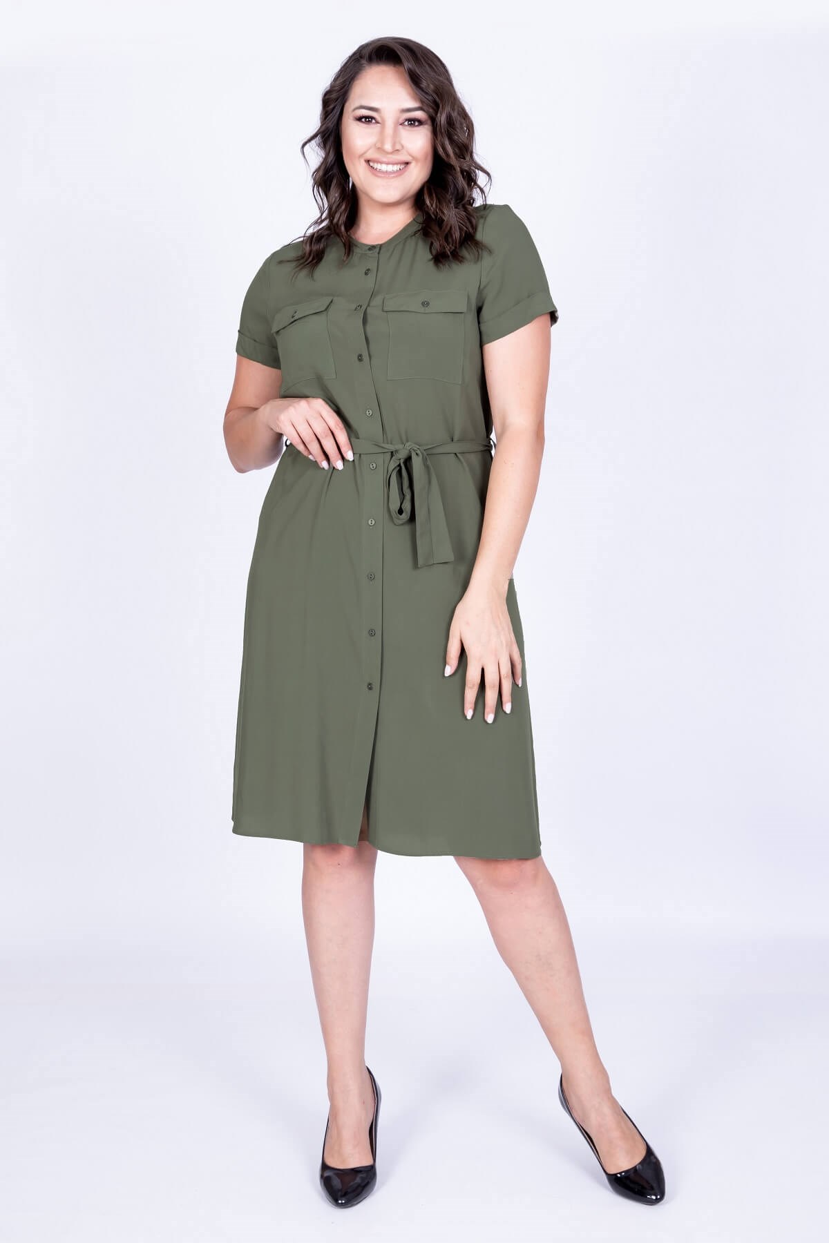 Myline-Kısa Kol Önden Düğmeli Elbise-Büyük Beden Günlük Elbiseler-34943