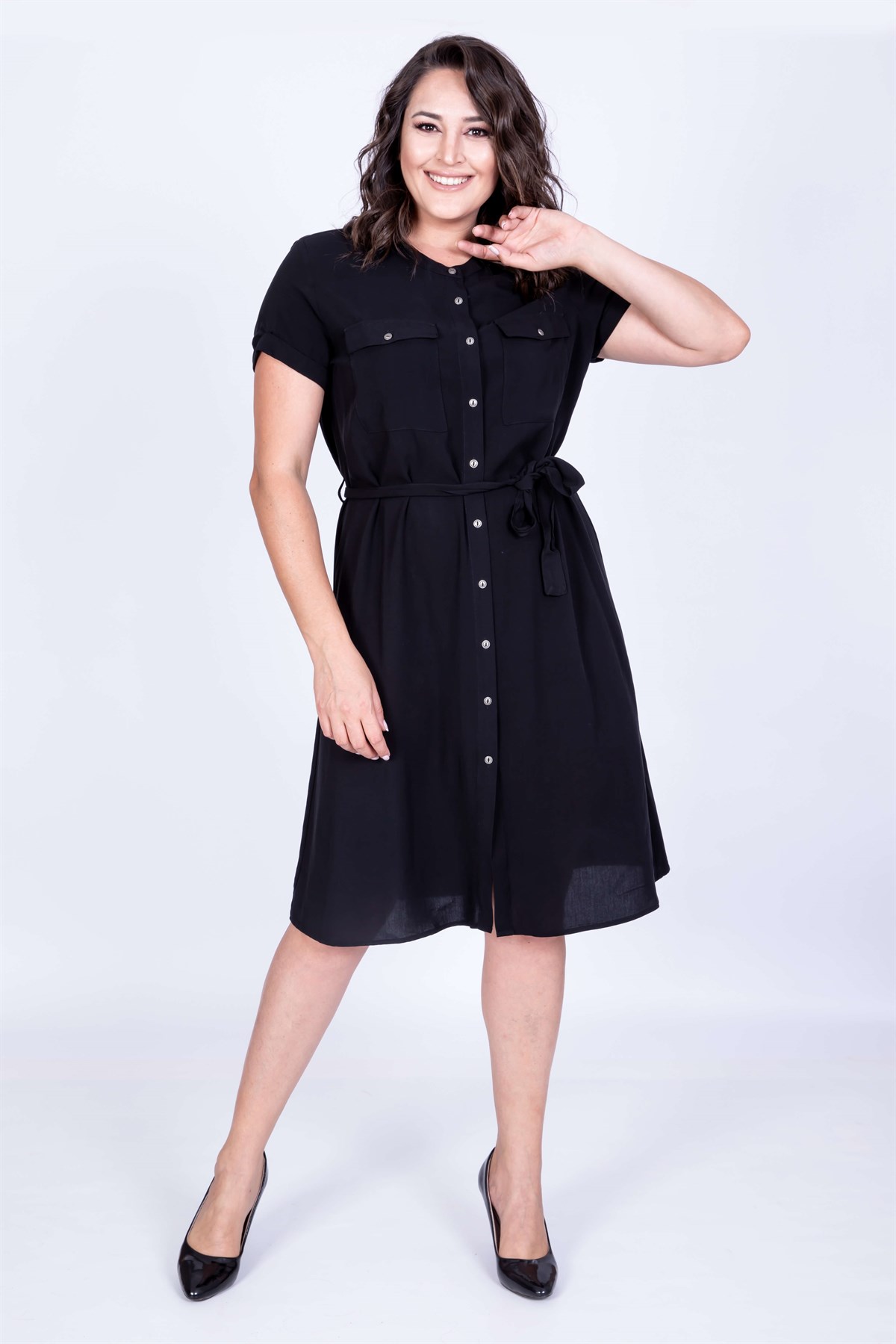 Myline-Kısa Kol Önden Düğmeli Elbise-Büyük Beden Günlük Elbiseler-34942