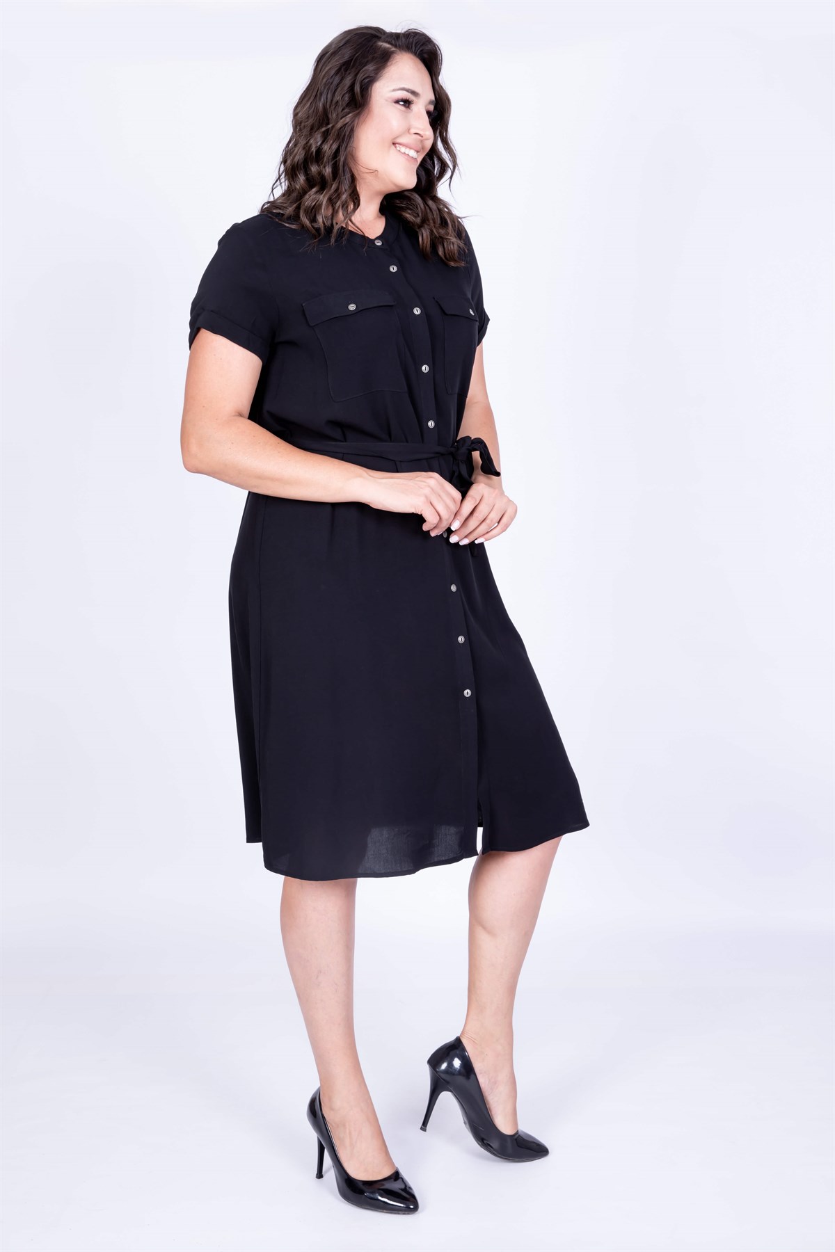 Myline-Kısa Kol Önden Düğmeli Elbise-Büyük Beden Günlük Elbiseler-34942