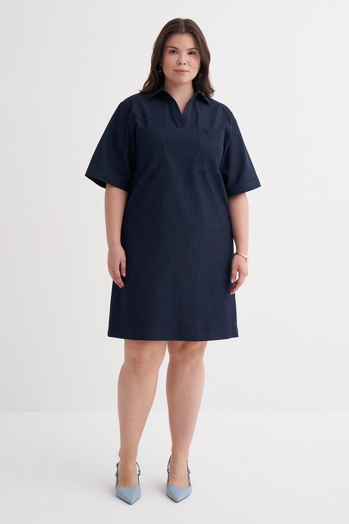 Myline-Kısa Kollu Cepli Denim Elbise-Büyük Beden Tişört-149992