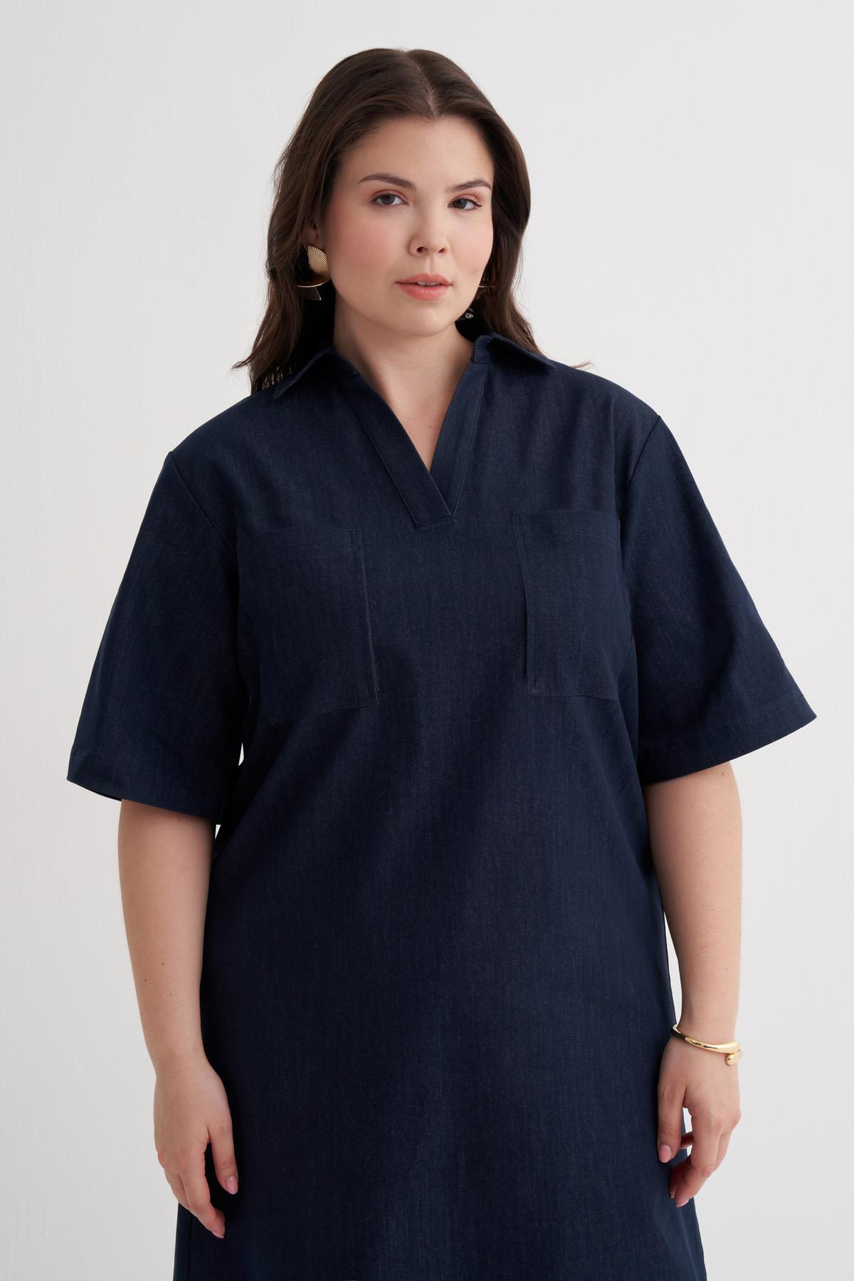 Myline-Kısa Kollu Cepli Denim Elbise-Büyük Beden Tişört-149992