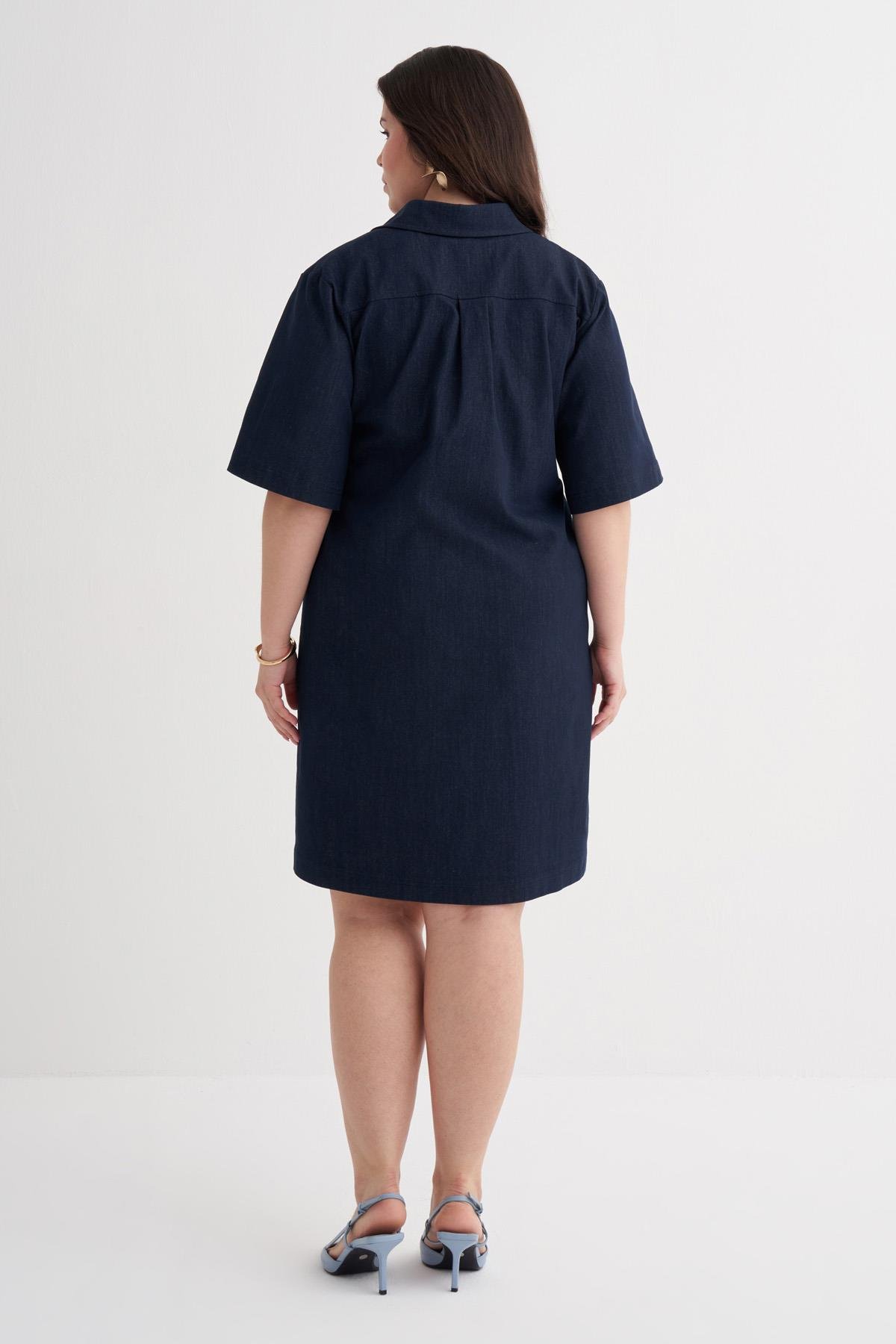 Myline-Kısa Kollu Cepli Denim Elbise-Büyük Beden Tişört-149992