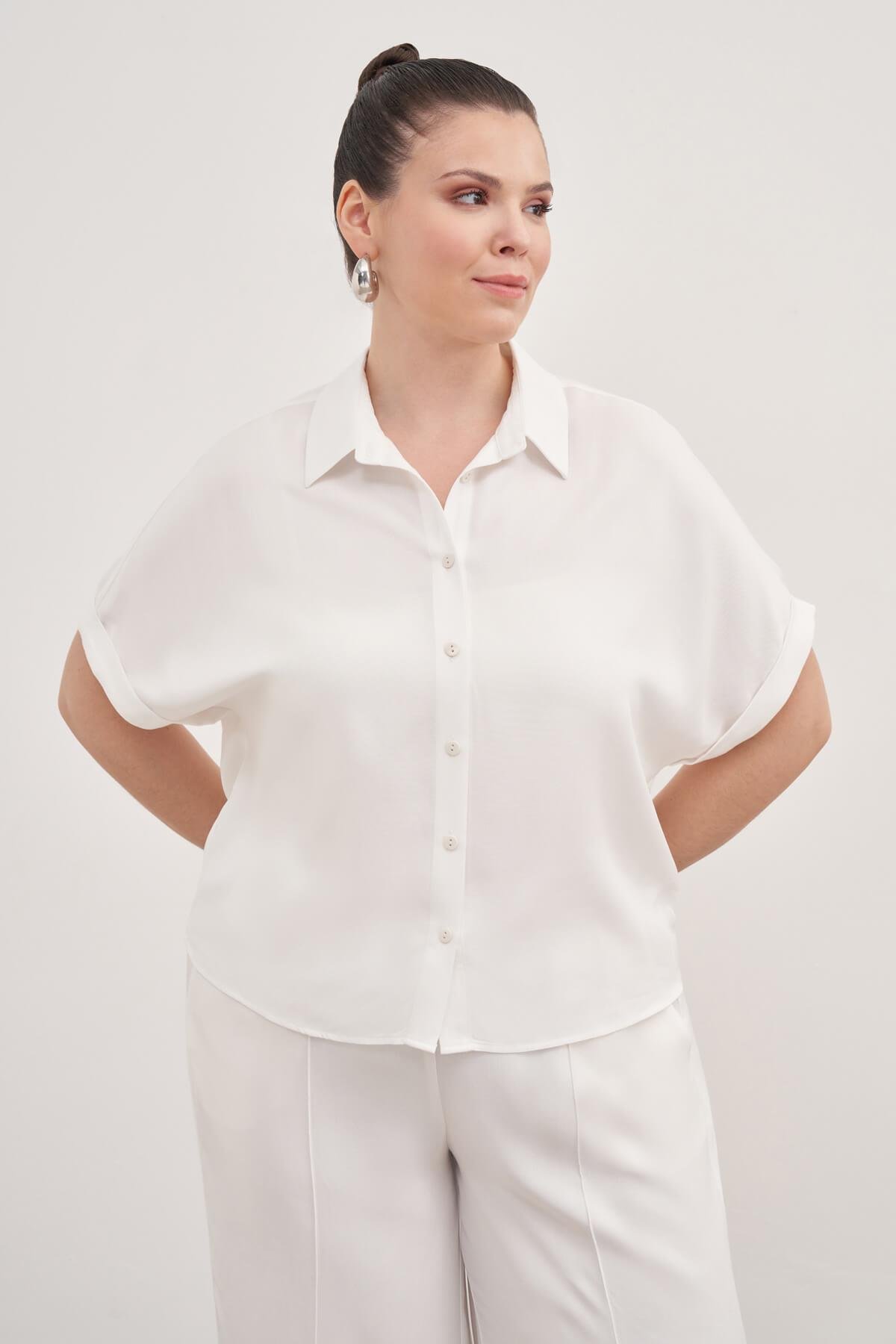 Myline-Kısa Kollu Oversize Gömlek -Büyük Beden Gömlek-139157