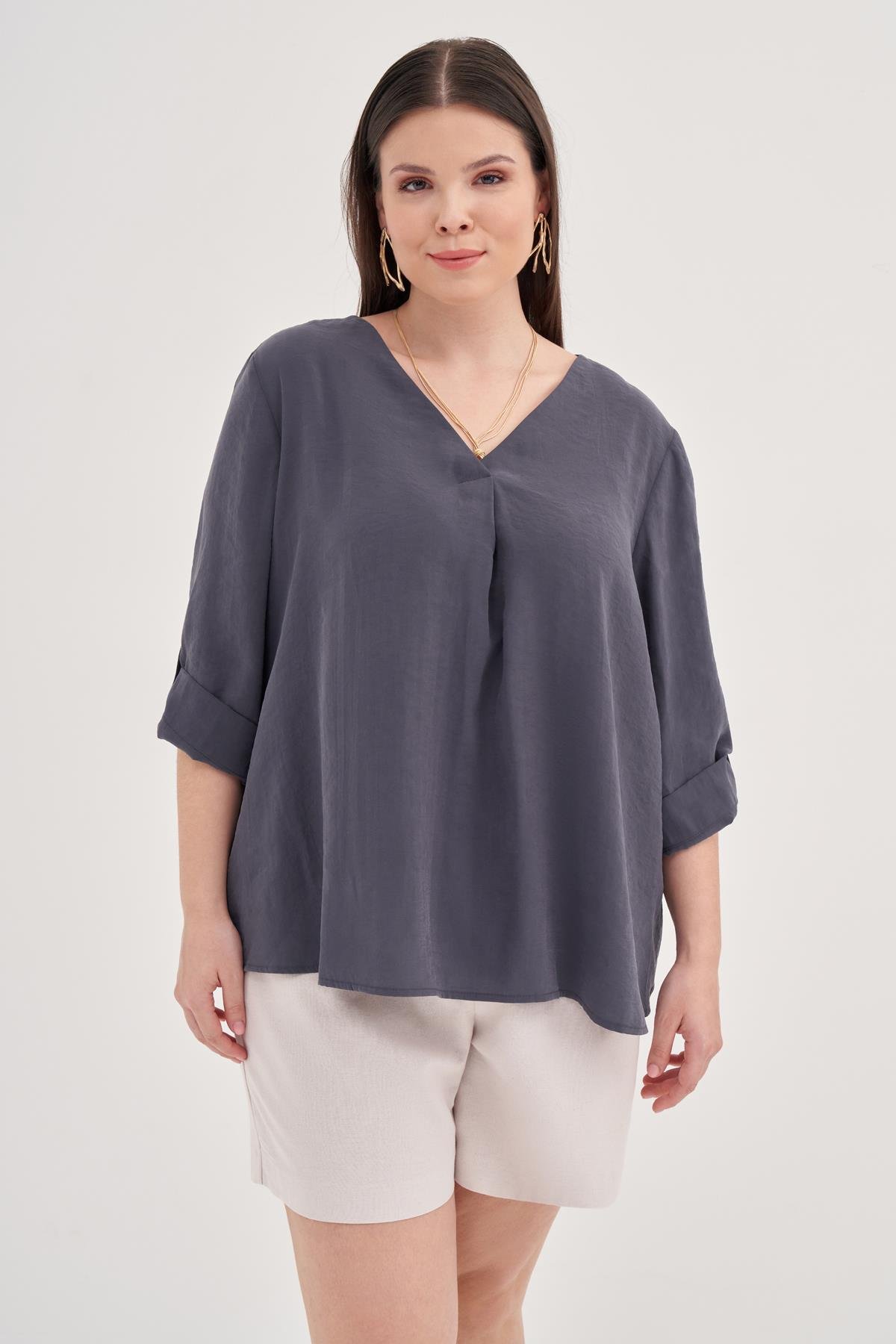 Myline-Kıvrık Kollu Bluz-Büyük Beden Bluz-128942