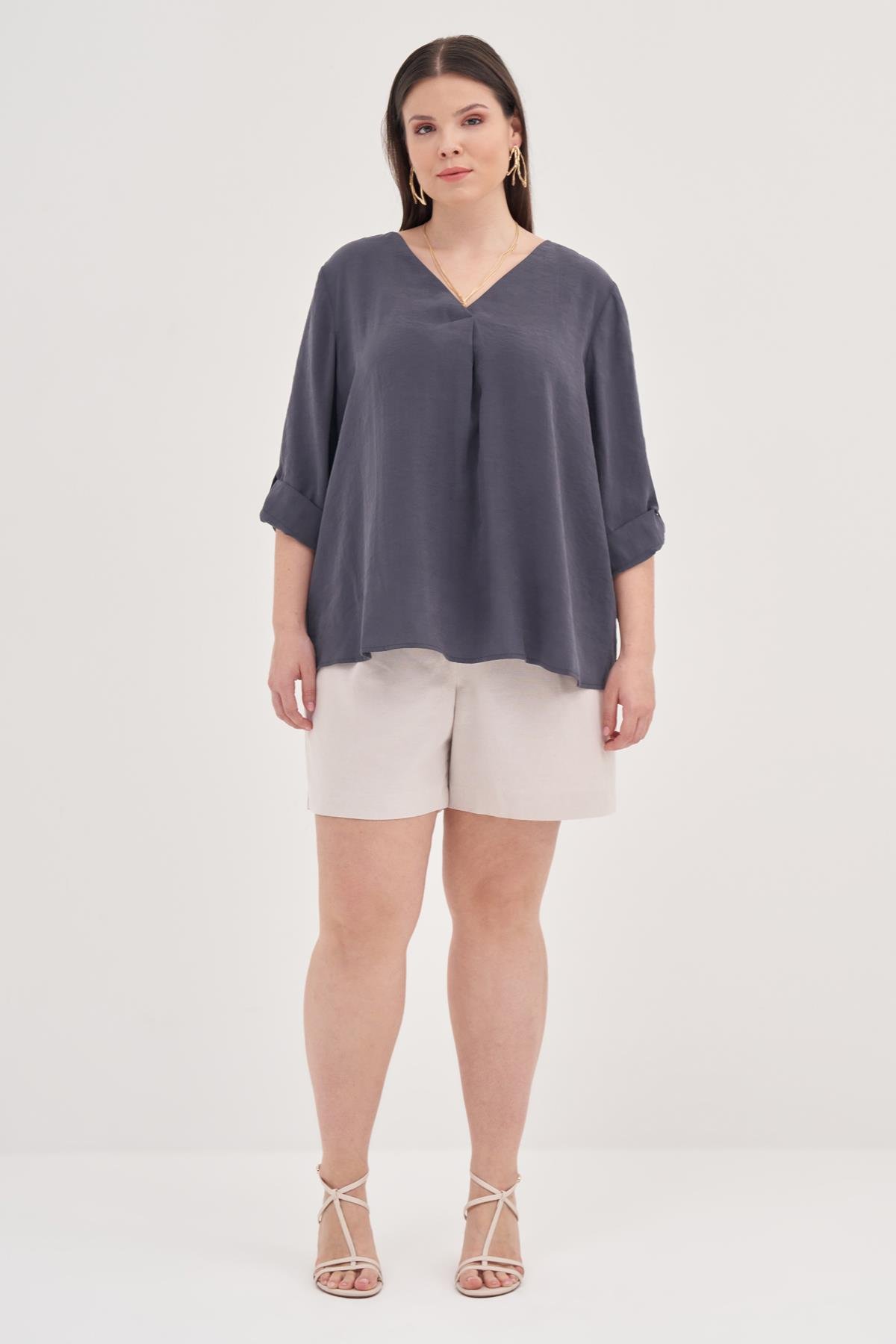 Myline-Kıvrık Kollu Bluz-Büyük Beden Bluz-128942