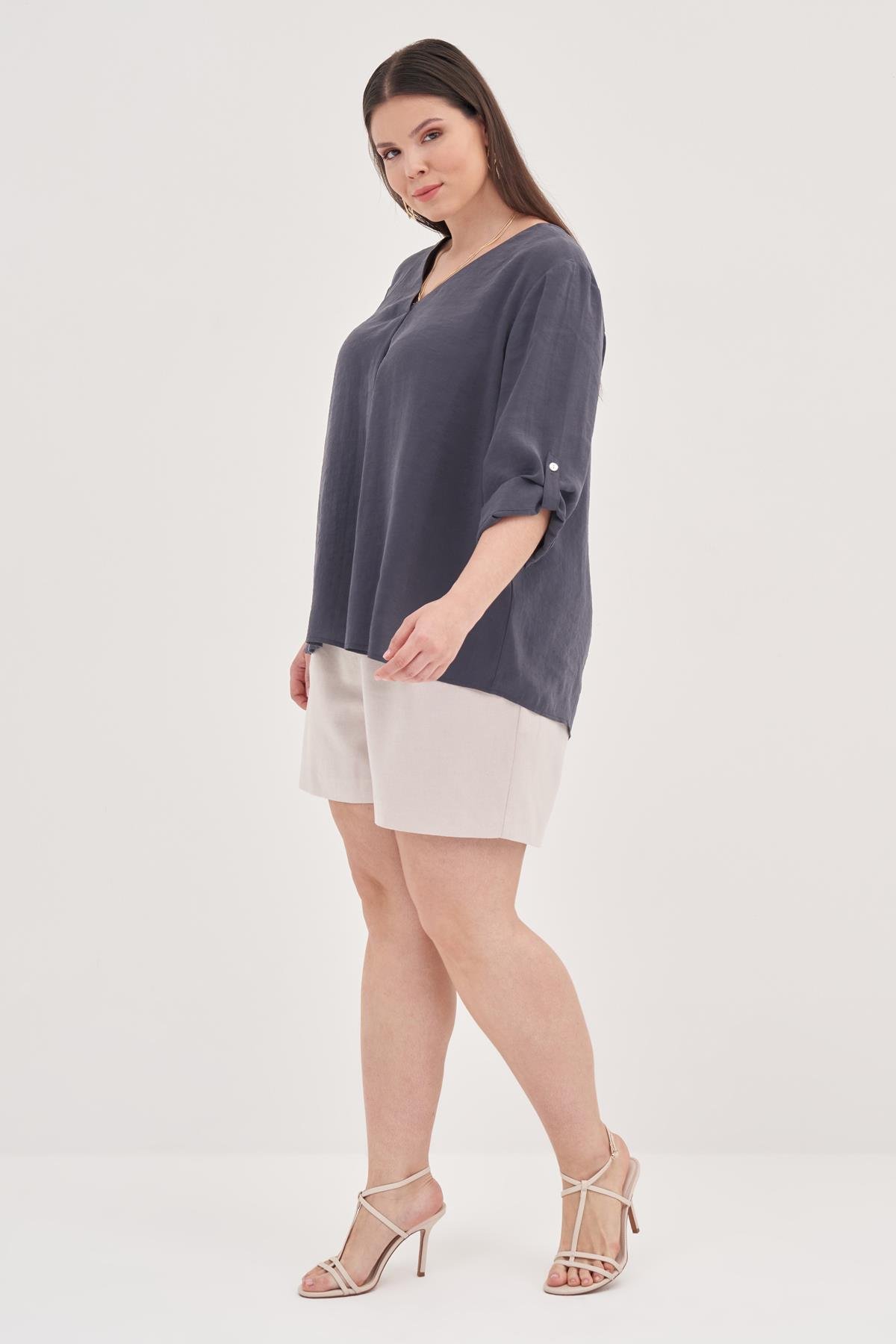 Myline-Kıvrık Kollu Bluz-Büyük Beden Bluz-128942