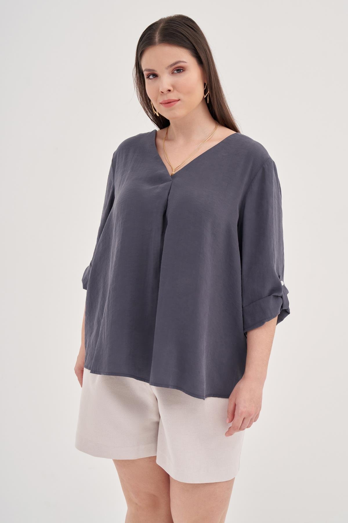 Myline-Kıvrık Kollu Bluz-Büyük Beden Bluz-128942