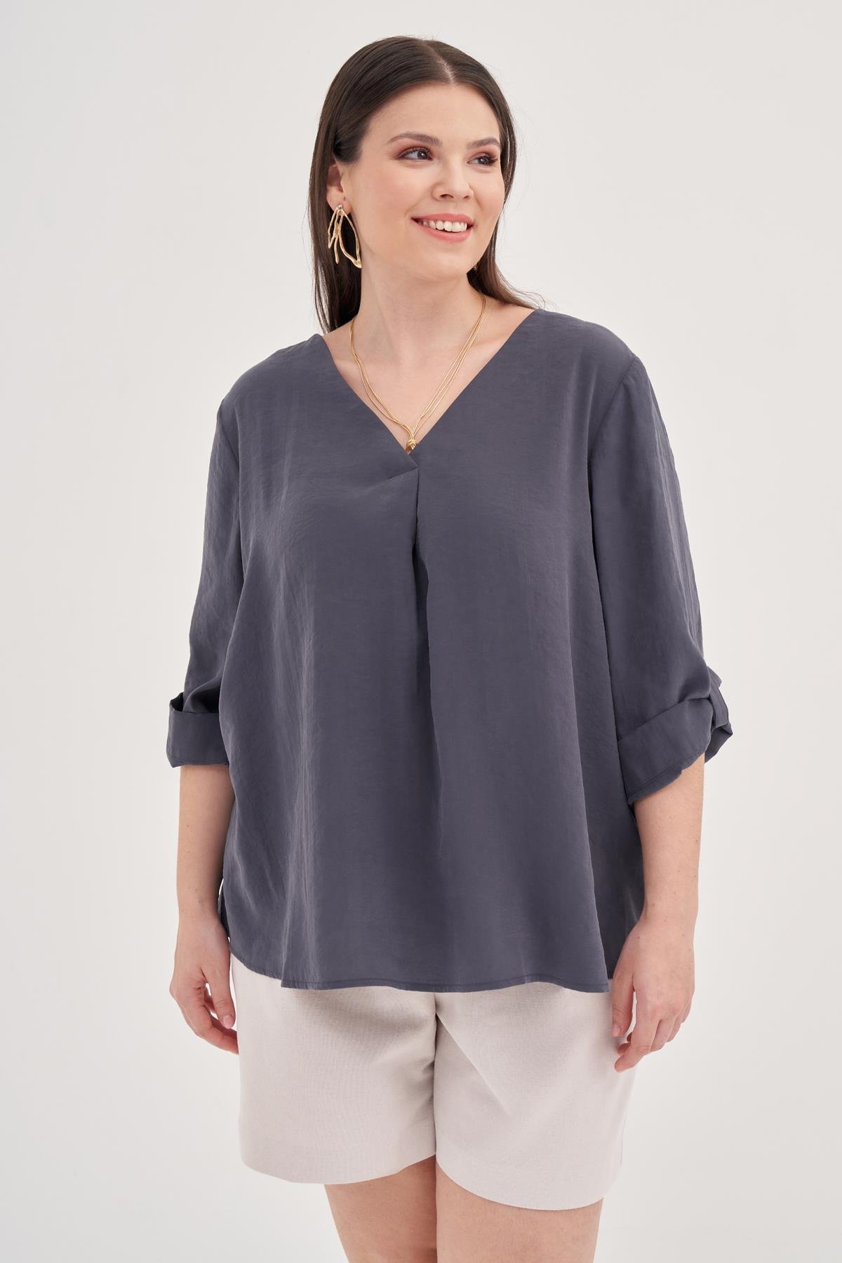 Myline-Kıvrık Kollu Bluz-Büyük Beden Bluz-128942